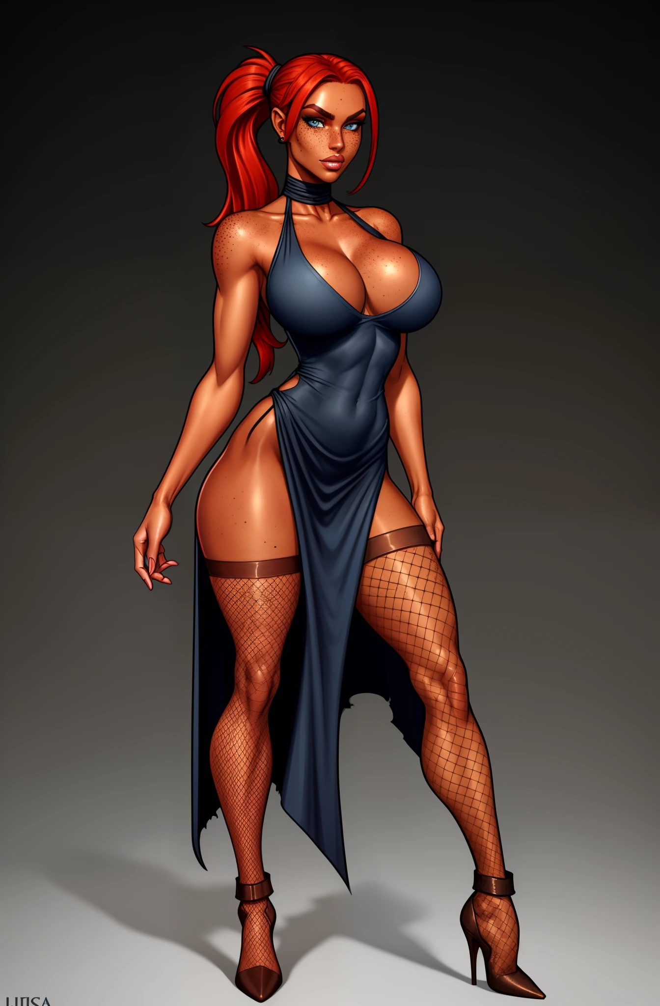 bronze skin, tanned, gorgeous woman, full body shot, lithe, blank background, black background, tattered clothes, long dress, leg slit, boots, red hair, freckles, piercing blue eyes, pony tails, fishnet pantyhose