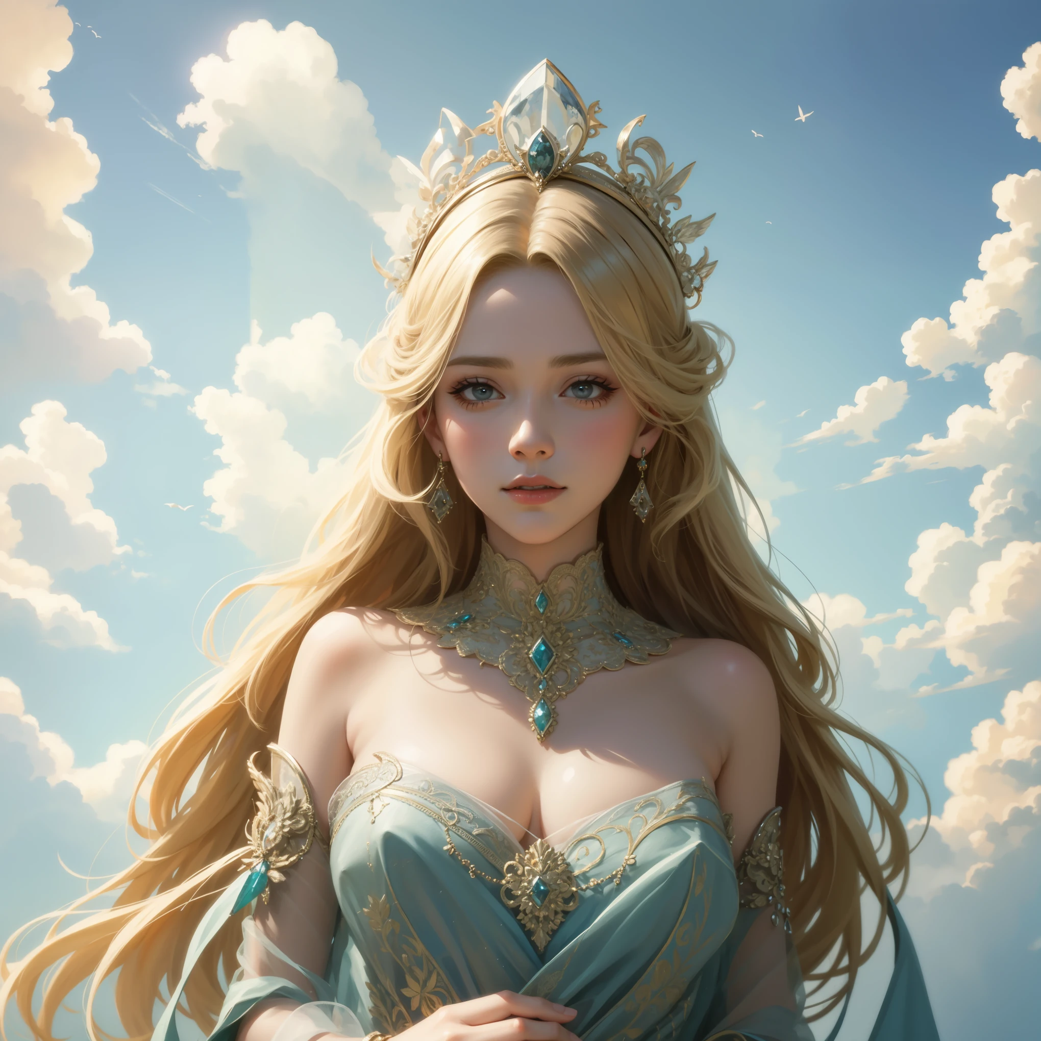 master piece,best high resolution,Dynamic bust portrait of beautiful royal woman,long blonde hairstyle,clear eyes of grass green,The hair is covered with beautiful and delicate floral crafts, crystal jewelry filigree,super detailed details,Upscaled。