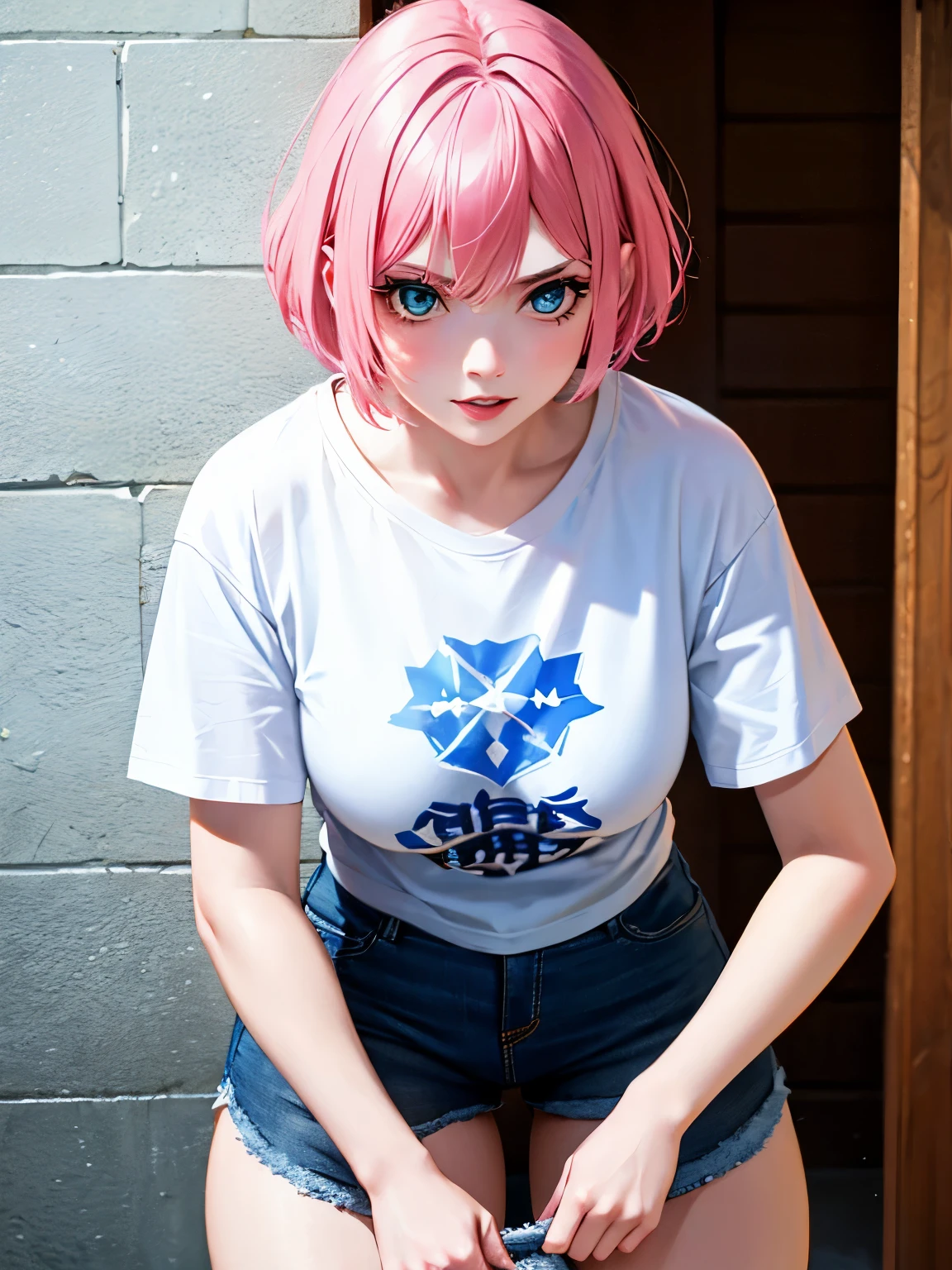 1 girl,Pink hair,Middle parted hair, short hair,white t-shirt,Squat, blue eyes,angry expression,white t-shirt,black shorts ,at the north pole,blizzard