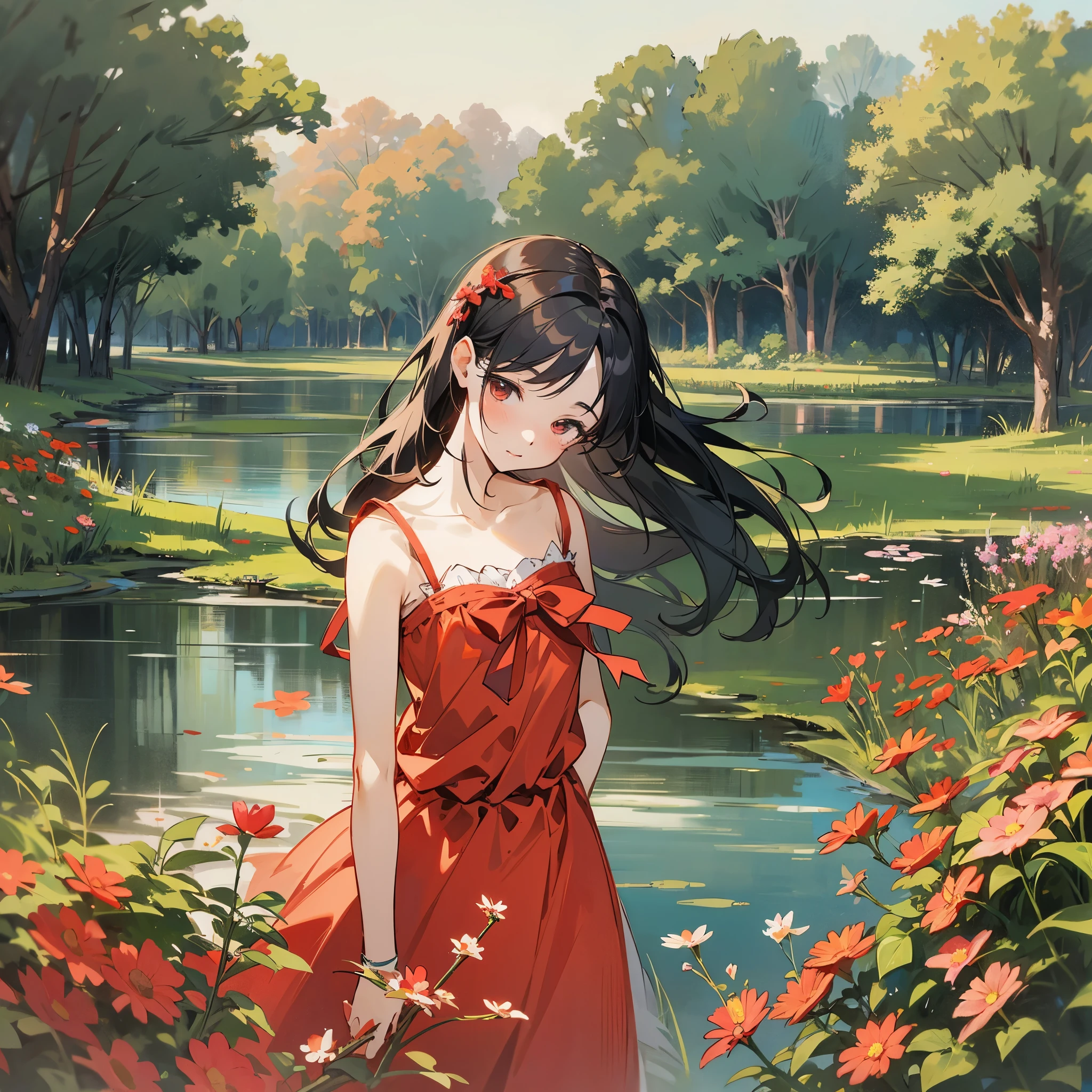 A beautiful and cute maiden,black hair,long hair,There is a red bow on the head,Wearing a red dress,walking alone in the park,There are flowers and trees in the surrounding environment,There is a small river,Looking a little shy and nervous。Vista composition,full body picture,Colored screen,Anime illustration style,Marker sketch style,Sketch portraits of people,high-definition,4k。