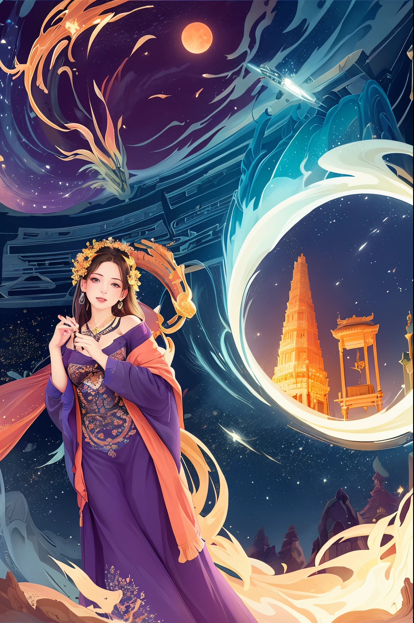 expansive landscape photograph , (a view from below that shows sky above and open field below), a girl standing on flower field looking up, (full moon:1.2), ( shooting stars:0.9), (nebula:1.3), distant mountain, tree BREAK
production art, (warm light source:1.2), (Firefly:1.2), lamp, lot of purple and orange, intricate details, volumetric lighting BREAK
(masterpiece:1.2), (best quality), 4k, ultra-detailed, (dynamic composition:1.4), highly detailed, colorful details,( iridescent colors:1.2), (glowing lighting, atmospheric lighting), dreamy, magical, (solo:1.2)