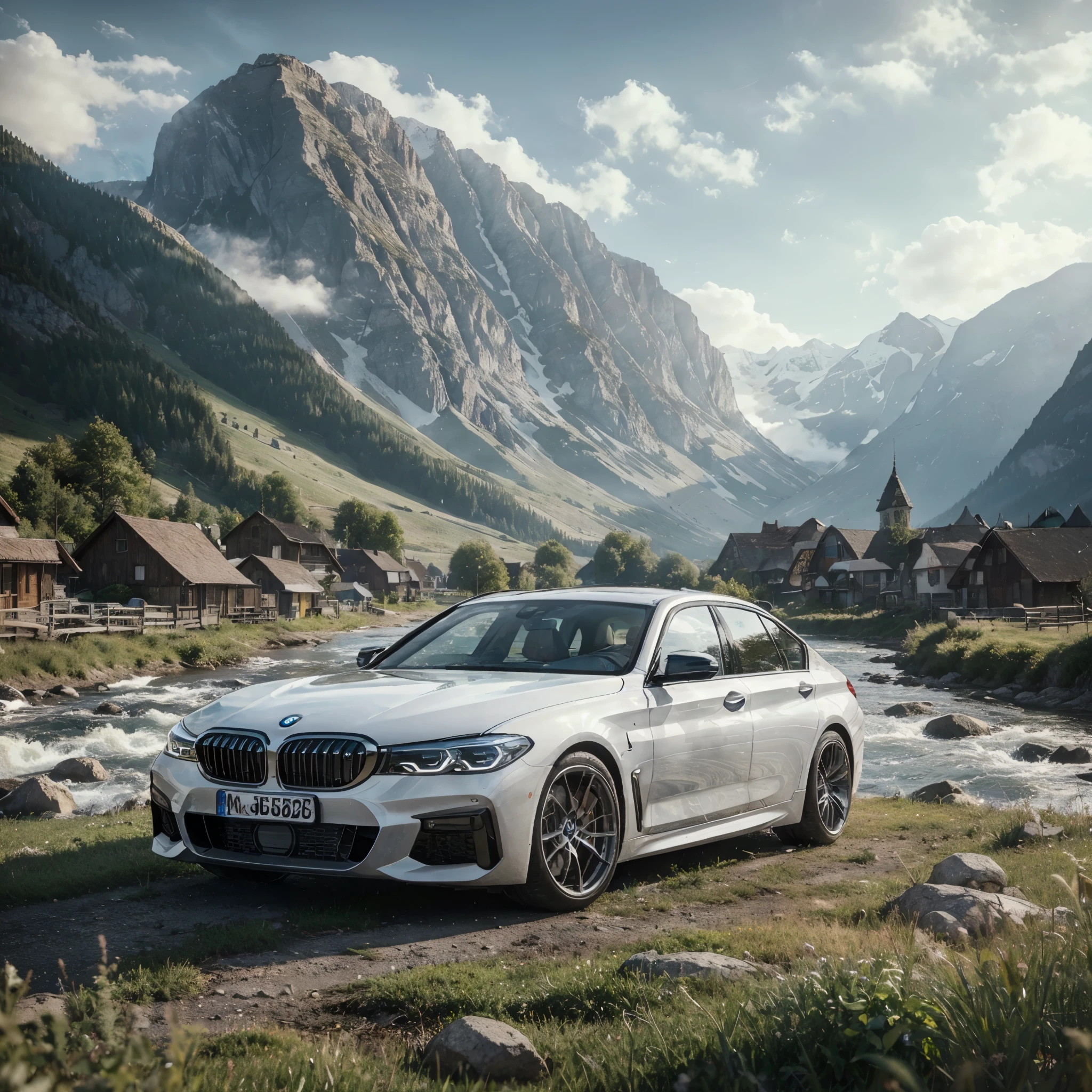 [photorealistic][masterpiece] a white bmw 530i ( touring M sport series 2024 ) with 18inch velg, parking on a grass yard beside a river. background on village as we can see a high rocky mountain behind. hyper detailed, uhd 128k, photography, upscale.