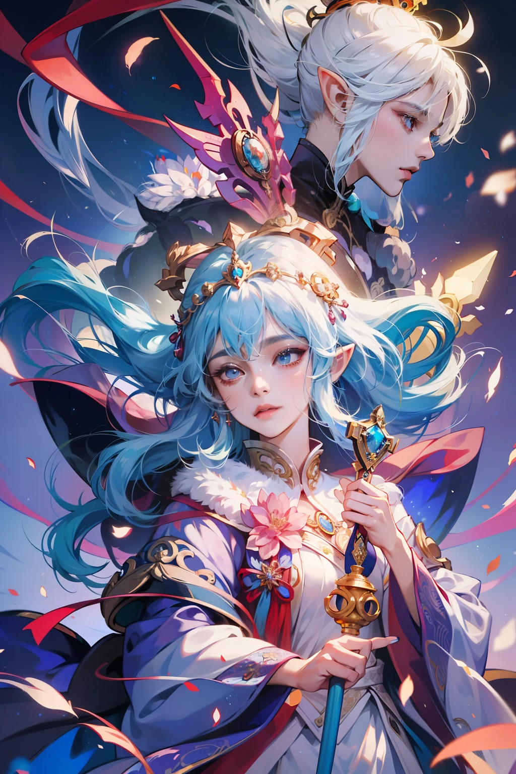 Anime - style illustration of a woman with a magic wand and a crystal ball, white-haired god, Keqing from Genshin Impact, Mago da Terra Feminino, Beautiful celestial mage, goddess of nature, An elf queen, Onmyoji detailed art, portrait of a forest mage, goddess of wisdom, /!\ sorceress woman, ((a beautiful fantasy empress))