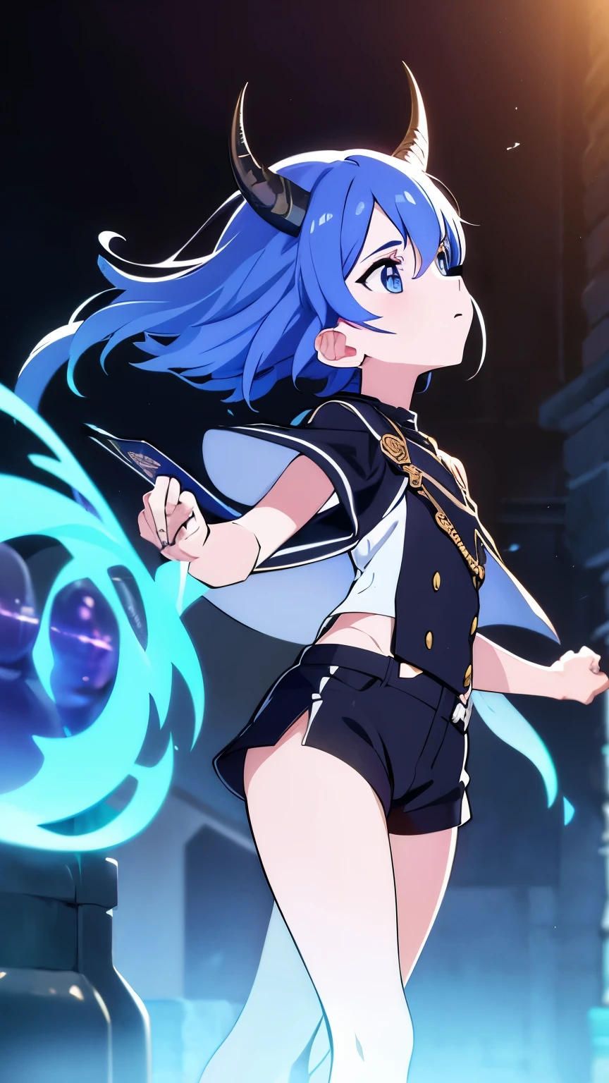 1 boy, (big Stigmata), non binary, androgynous, School courtyard, (floating hair), ((in courtyard fountain)), character focus, ((black light)),((dark lighting)), cinematic lighting ,(darkness), (concept art), ((innocent face)), blue short straight hair, light blue hair color, dragonoid girl, short, short blue hairy, glowing bluish-purple horns, bluey-purple eye color, (glowing eyes), high resolution,(incredibly absurdres) ,extremely detailed CG unity 8k wallpaper, ((masterpiece)), ((top-quality)), (beautiful illustration), ((an extremely delicate and beautiful)), (masterpiece, Best quality, ultra high resolution), 1 girl, pale skin, Black Crown, purple eyes, Luminous_eyes, neon blue eyes, ultra detailed eyes, Beautiful and detailed face, detailed eyes, (Centered, torso), (wide shot:0.9), facing the viewer, Eye level, flat chested, flat chest, cup size AAA, Wearing black cargo shorts, sharp horns, blue horns on top of head,