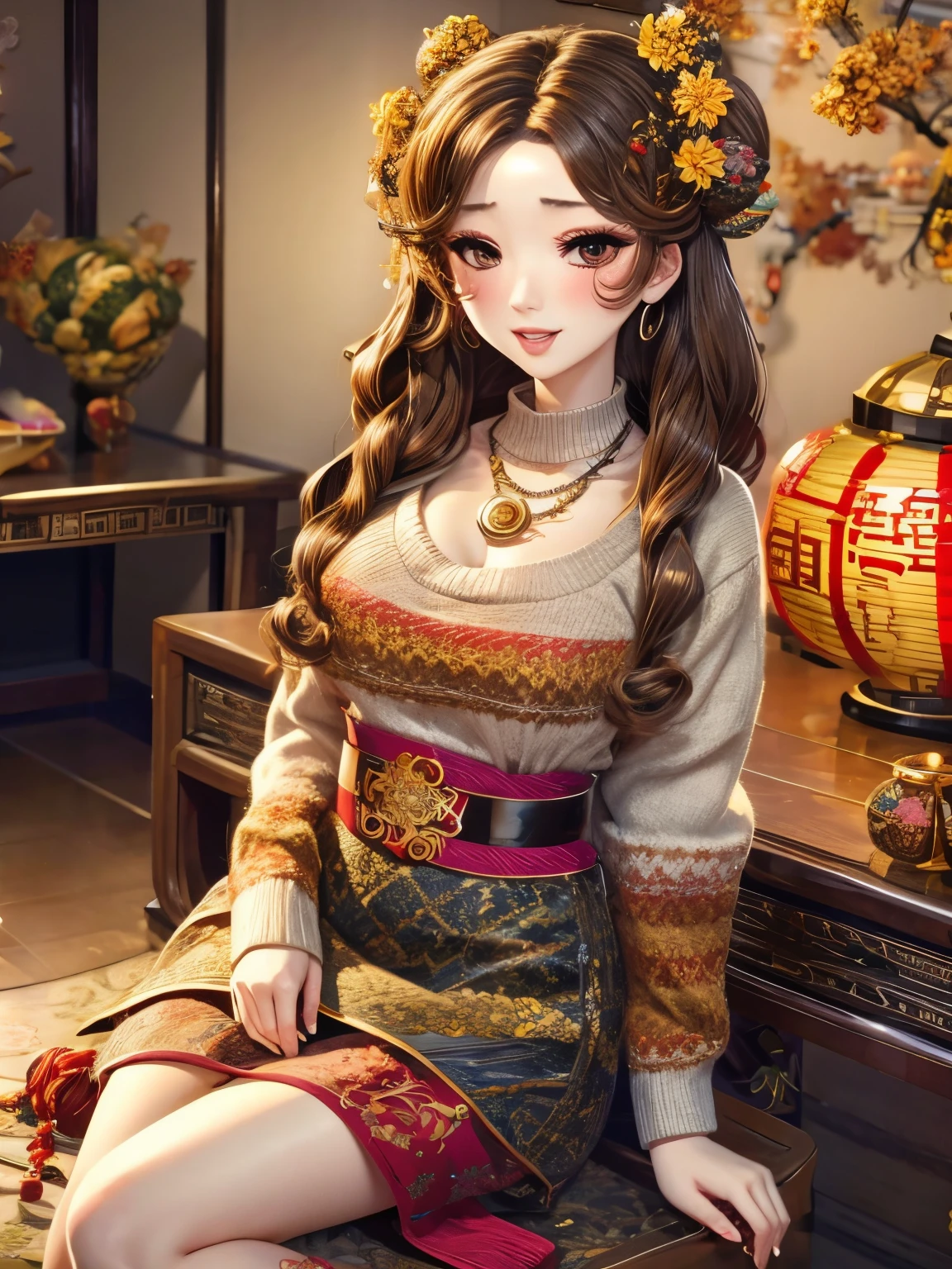 wavy hair wavy hair,（（（hair accessories）））,necklace,Wear a sexy sweater,,skinny jeans,The room is filled with Chinese New Year decorations（（（masterpiece）））, （（bestquality））,（（intricatedetails））,（（Surreal））（8k）,Misako