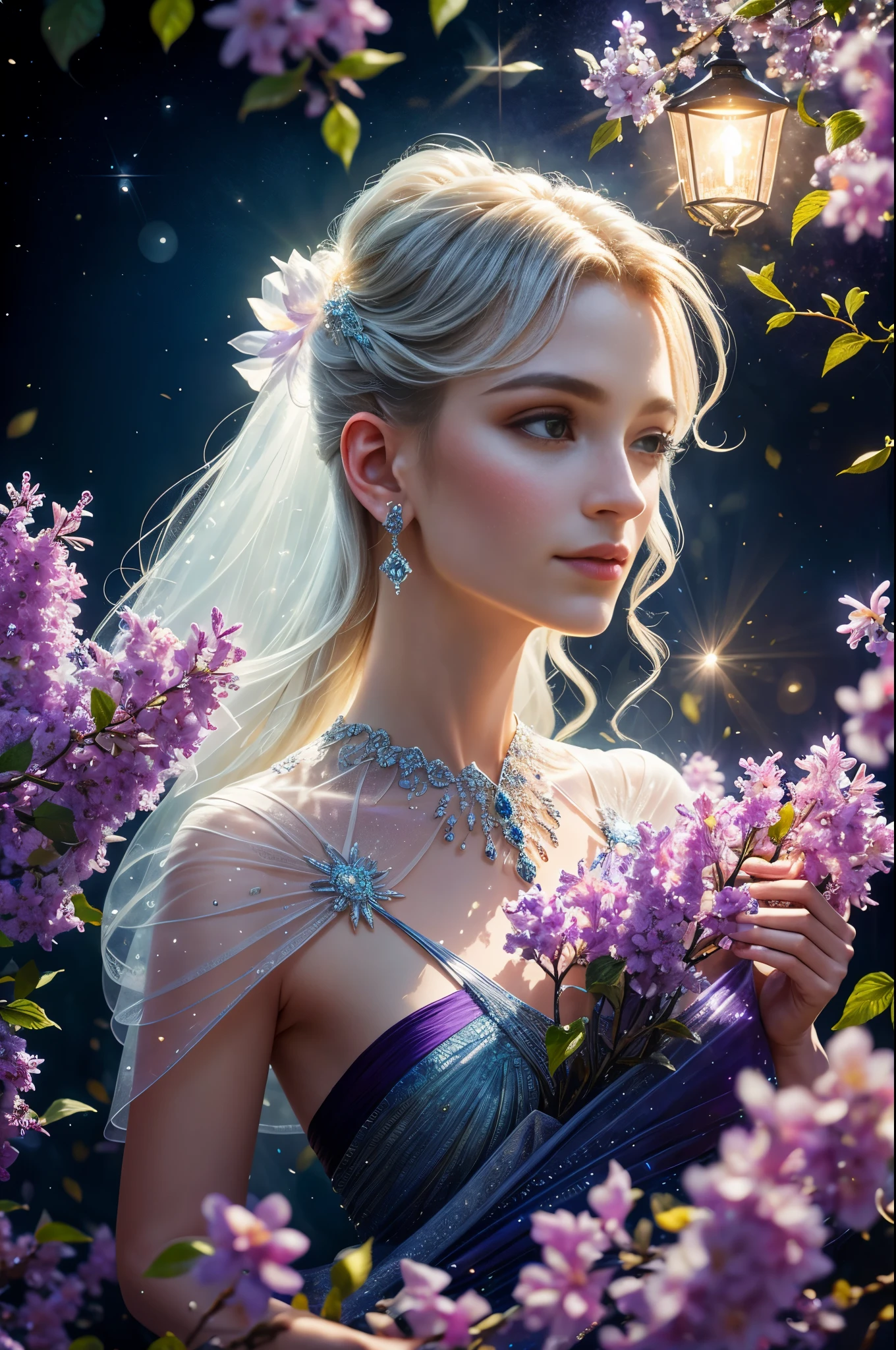 (highest quality,8k,super detailed,realistic:1.2),exquisite lilac branches,translucent,sacred light,spectacular spectrum,bright petals,sparkling,dark background,transparent water droplets,reflected light,lively,flood rays,light wave,contour portrait,sharp focus,Mysterious,Complex,surreal,Fantastic,composition,ethereal,art station trends,Pearly luster,Misty silver guardian cloud,Corroded envelope ray family,Fantastic AR 23v4 overhead lighting