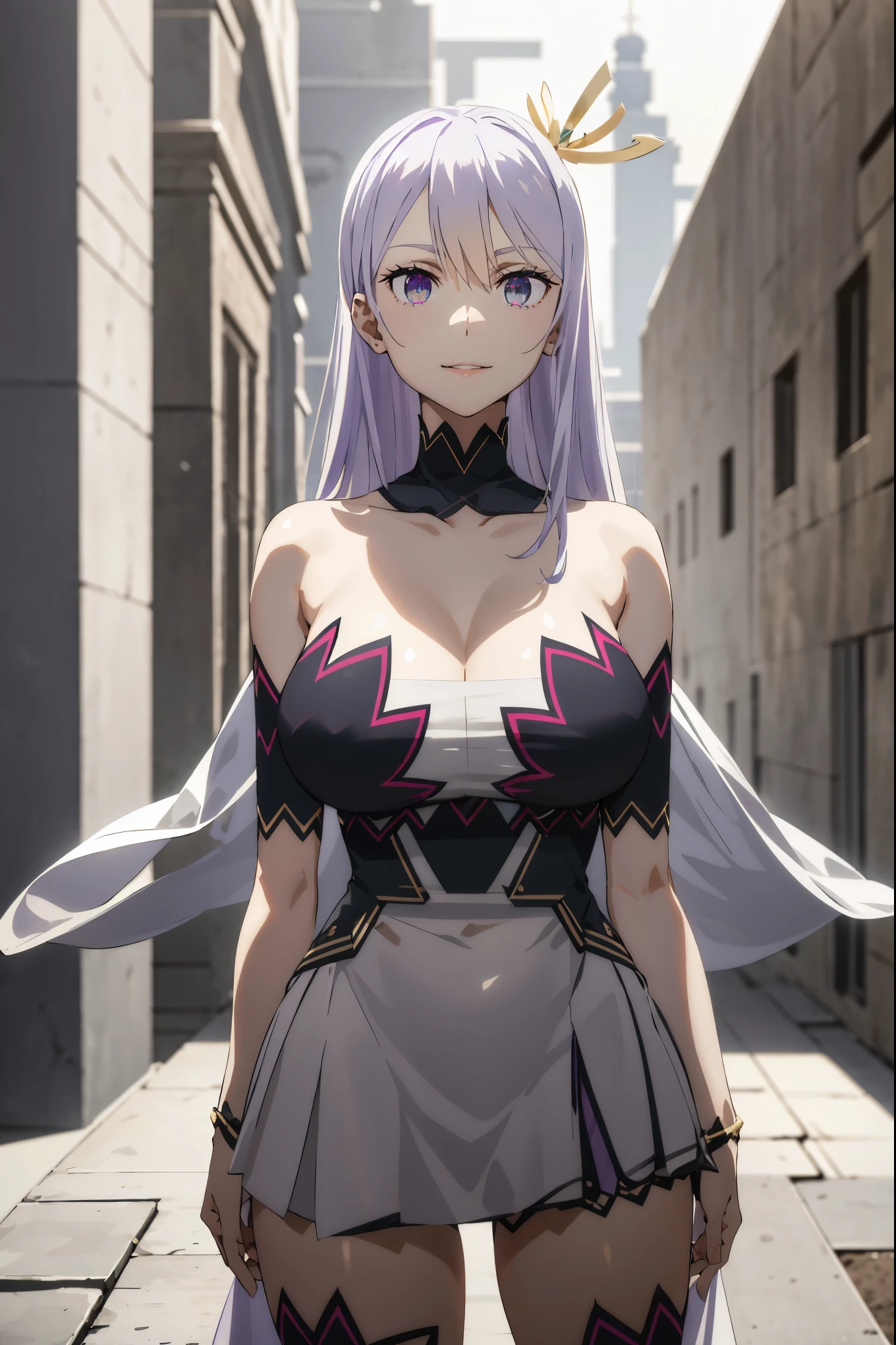 masterpiece, ((royal dressed)), ((wing)), halo, (best quality), (solo), 1girl, reona, silver hair, purple hair , (short skirt), long hair, purple eyes, sexy woman, hair between eyes, hair ornament, vibrant colors , natural lighting, RTX, (huge tits), (detailed face:1.2), (perfect eyes:1.1) ,(photorealistic:1.1), 8k uhd, looking a viewer, outdoors, simple backround, smile, (full body), standing pose, ((open legs), temple ruins, cleavage