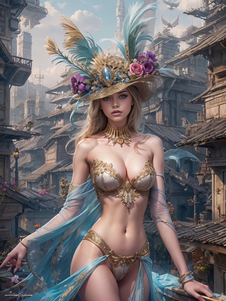 RAW, Masterpiece, Ultra clear photo, Best quality, ultra high resolution, Photorealistic, Sunbeam,，Futuristic city, Coruscant，super fantastic houses, Tall buildings in the background, super fantastic flying ships, Very beautiful girl 25 years old...，seductive look，wants sex, completely naked，An adorable swan helmet on the head with intricate blue detailing and metallic feathers., hat with gold and red roses and peacock feathers, transparent latex on the body, very beautiful long slender detailed face, lace sheer full body stockings, Blue eyes, detailed, neat background, startling, high-detailed skin, реалистичная detailing кожи, detailed vagina, nipples sticking out through clothes, visible pores, full length, beautiful slender legs, barefoot, sharp focus, volumetric fog, contract for 8 thousand., high quality, detailing, bright skin, photorealism, systemic impact，Extreme exhibitionism, Gold necklace around the neck, slender body, medium breasts, hands behind your back, Vagina naked, little fluffy kitten, stands on the roof of the house, starships in the sky, many colors, lilies, violets, roses, gladioli and dahlias.