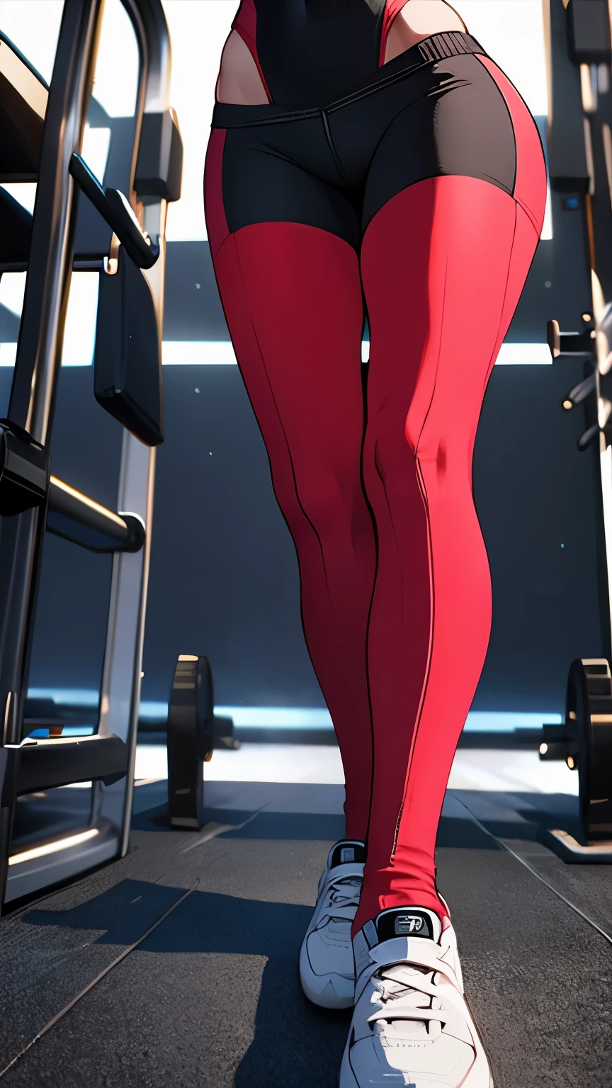woman at a gym, corpo bem definido, maravilhoso, Pose, corpo bem detalhado, garota fitness, standing, erect Pose, modelo fitness, magrelo, Red sneakers, ultra detalhado, melhor qualidade, relaxed arms, hands down, tornozelo