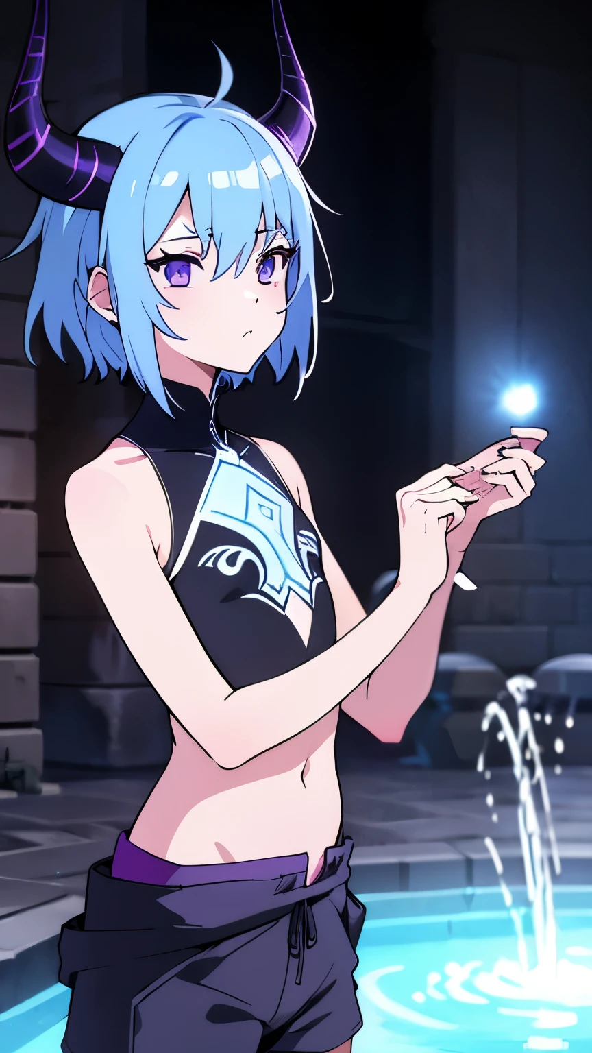 masterpiece, best quality, highres, side view 1girl, short light blue hair, witch, long skirt, black mantle, looking at viewer, ubel, staff, curvy, armpit, smile, mole on face, nipples, nsfw, hentai