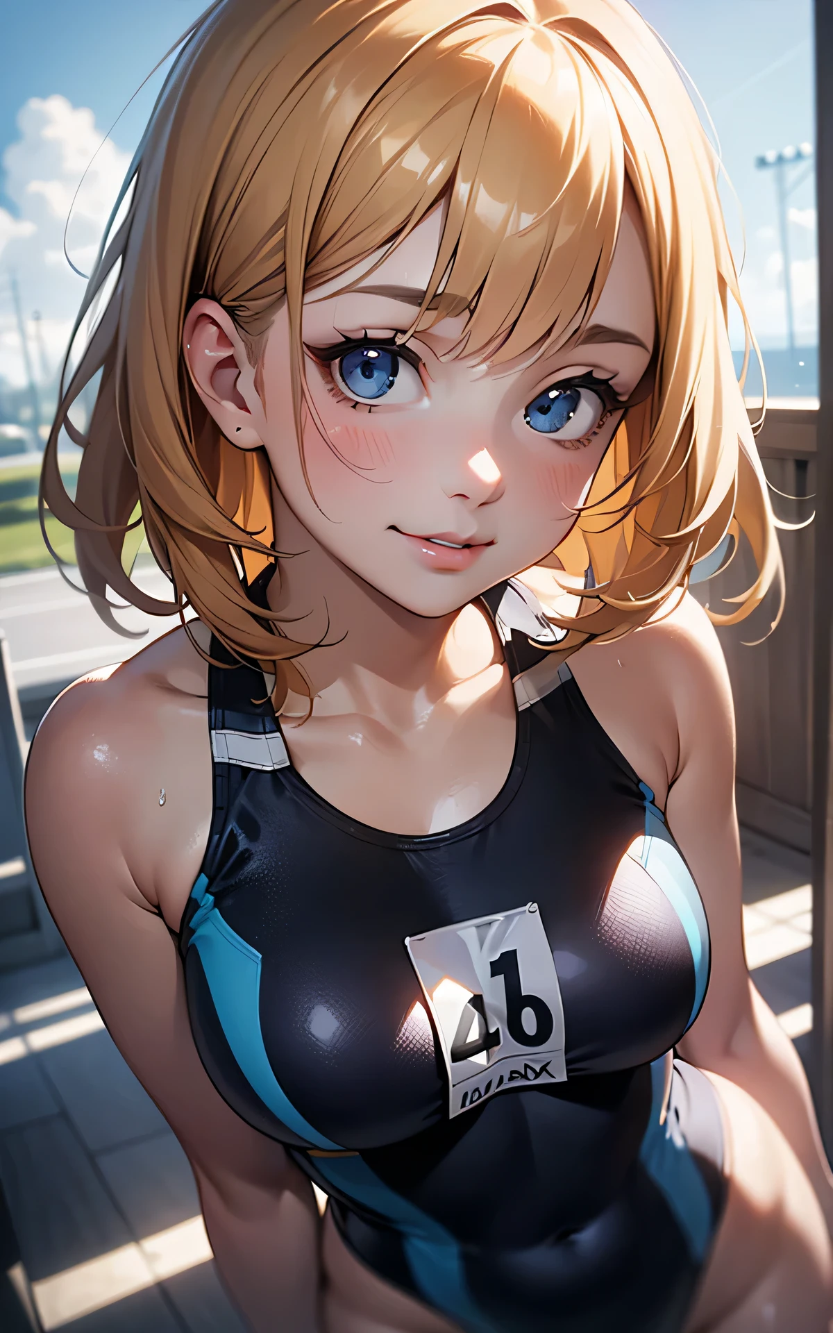 absurderes:2.0、(red racing swimsuit)、realistic, Unity 8K Wallpaper, Masterpiece, Realistic face, Realistic skin feeling ,detailed hair, highly detailed, realistic glistening skin, Cute Girl, Perfect face, charming face, Glossy skin, (cowboy shot), embarrassed, blond hair、outdoor, light smile, active pose