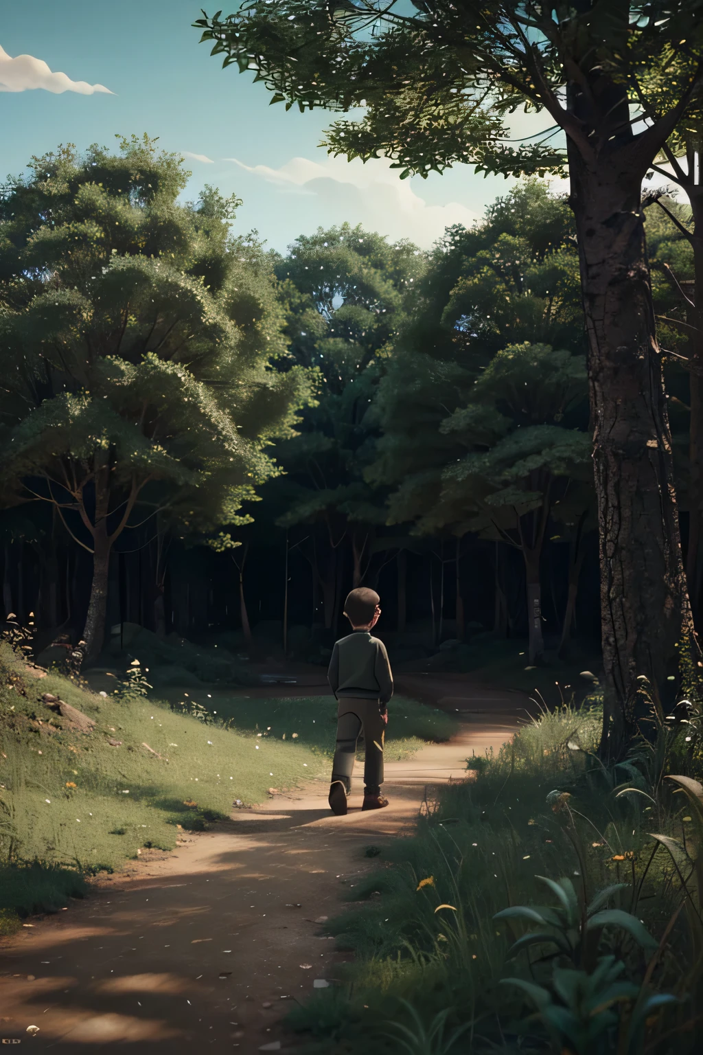 a photorealistic, 8k, HD cinematography in Unreal Engine. The scene features a cheerful and realistic six-year-old child. The child is chubby, with fair skin and long, straight blonde hair that has curls at the ends. They are seated in a wooded forest filled with flowers, facing away from the camera and looking up at the sky, engaged in a conversation with God. The composition is epic, utilizing ultra-wide-angle shots and depth of field effects to highlight the hyper-detailed and intricate details of the surroundings. The lighting setup includes a mix of natural lighting and moody lighting, creating beautifully color-coded visuals that accentuate the ambiance of the environment. The use of global illumination, ray tracing global illumination, and screen space reflections adds a touch of realism and depth to the scene. Optical fiber and scattering effects enhance the glowing and shimmering elements in the forest. Additional visual enhancements such as chromatic aberration, ray tracing reflections, and cinematic lighting techniques bring an elegant and hyper-realistic touch to the photograph. The child's dynamic pose and contemplative expression are captured with precision, showcasing the child's connection with the divine. The final result is a beautifully color-graded image, presented in 8k resolution with a 16:9 aspect ratio./ --auto --s2