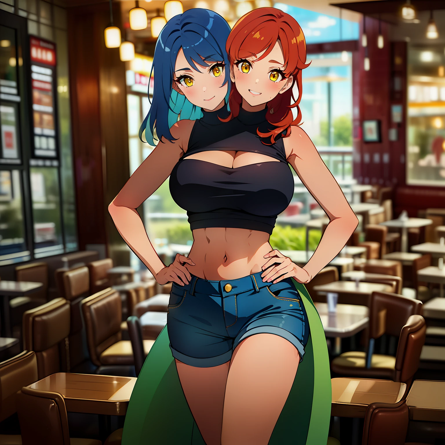 (masterpiece),(ultra-detailed), (high quality), (high resolution), (best quality:1.5, highres, UHD), highres, absurdo, ultra detail, ultra quality, Ultra resolution, 16k, 1girl, (2heads:1.5), girl with two heads, ((red hair)), ((blue hair)), different hair colors) smiling, ((yellow tank top)), blue jeans, (detailed glowing yellow  eyes, casual dress, sexy proportions, (exposed midriff), thighs, Beautiful girl with accentuated slender abs, eyeshadow, fast food restaurant 