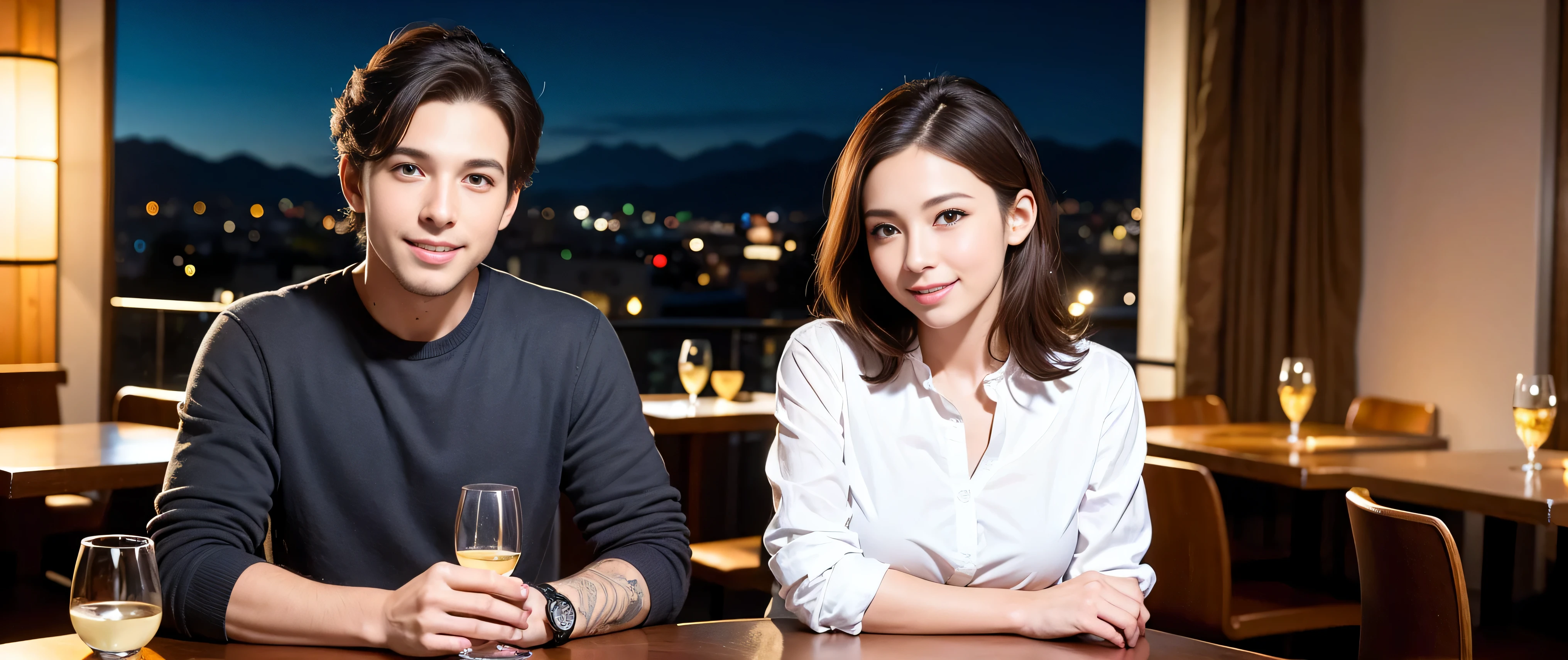 (including 64k, nffsw, highest quality, table top: 1.2), (realistic, photorealistic: 1.37), Spectacular view of the sunset sky and clouds、Amazing mountain views、long sleeve shirt、winter fashion、Columbia、Brazilian、Japanese、Dutch、German、Portuguese、Belgian、Italian、French,Champagne、sparkling wine、 (slimフェイス), (slimボティ), (brown hair), (shortcut), neat beauty、cheeks turn a little red, (35 years old), 38 years old, alone, 窓の外には美しく緻密なnight景が広がります., restaurant, wine glassが座っている, nightに, in a prominent place (from the Upper body) nova frog style, actress, model, Upper body, White wine, slim, wine glass, Super Clean night View, wine glass Put in the Middle, Happy smile, (smile: 1.15), beautiful and detailed eyes, Upper body, bust japan up, night, short, short, actress, model, Upper body, White wine, slim, wine glass, Super Clean night View, wine glass Put in the Middle, Happy smile,