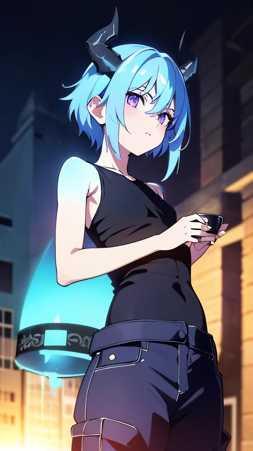 1 boy ,(big Stigmata), non binary, androgynous, School courtyard, (floating hair), ((in courtyard fountain)), character focus, short, ((black light)),((dark lighting)), cinematic lighting ,(darkness), (concept art), ((innocent face)), blue short straight hair, light blue hair color, dragonoid girl, short, short blue hairy, glowing bluish-purple horns, bluey-purple eye color, (glowing eyes), high resolution,(incredibly absurdres) ,extremely detailed CG unity 8k wallpaper, ((masterpiece)), ((top-quality)), (beautiful illustration), ((an extremely delicate and beautiful)), (masterpiece, Best quality, ultra high resolution), 1 girl, pale skin, Black Crown, purple eyes, Luminous_eyes, neon blue eyes, ultra detailed eyes, Beautiful and detailed face, detailed eyes, (Centered, torso), (wide shot:0.9), facing the viewer, Eye level, flat chested, flat chest, cup size AAA, Wearing black cargo shorts, sharp horns, blue horns on top of head,