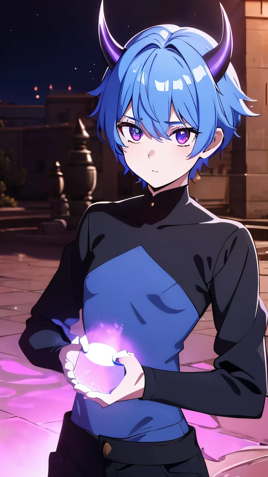 1 boy ,(big Stigmata), non binary, androgynous, School courtyard, (floating hair), ((in courtyard fountain)), character focus, short, ((black light)),((dark lighting)), cinematic lighting ,(darkness), (concept art), ((innocent face)), blue short straight hair, light blue hair color, dragonoid girl, short, short blue hairy, glowing bluish-purple horns, bluey-purple eye color, (glowing eyes), high resolution,(incredibly absurdres) ,extremely detailed CG unity 8k wallpaper, ((masterpiece)), ((top-quality)), (beautiful illustration), ((an extremely delicate and beautiful)), (masterpiece, Best quality, ultra high resolution), 1 girl, pale skin, Black Crown, purple eyes, Luminous_eyes, neon blue eyes, ultra detailed eyes, Beautiful and detailed face, detailed eyes, (Centered, torso), (wide shot:0.9), facing the viewer, Eye level, flat chested, flat chest, cup size AAA, Wearing black cargo shorts, sharp horns, blue horns on top of head,