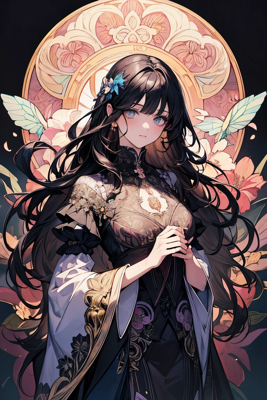 (art nouveau:1.25), Maximalism artstyle,neon theme,suprematism,beautiful detailed flower, beautiful detailed eyes,hyper detailed,flower,hyper quality,,eyes,flower and hair is same color,beautifuly color,face,her hair is becoming flower, flower,hair,flower,butterfly,,1girlkawaii,,high details, high quality,back light,hair and clothes is flower,upper body ,high quality,hair with body ,webbed dress, upper body, flower leg, flower hands,body with flower,    flower with clothes , dress with flower, , light particles,black background,  Hair with flower,small breast with flower,floating hair with flower,floating1girl,small breast,  marbling with hair and clothes, looking at viewer,original,arm down, paper cutting, black background, flower forground,  hair with flower,highres, hair with  flower,hair with flower ,hair,  wavy hair ,diffusion lighting, abstract,Butterfly with  body,   flower with hair, her hair is flower,big top sleeves, floating,pupils, [[hair over one eye]],dark 
