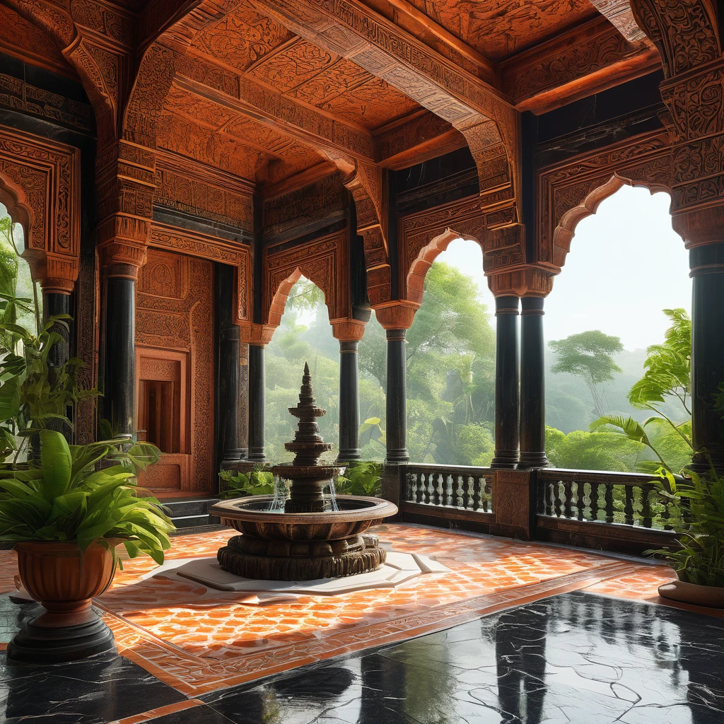 overgrown Hindu Temple atrium, nature, ancient black marble columns and terracotta tile floors, intricate wall carvings, waterfall, ultra-high quality, octane render, corona render, UHD, k, sharp details