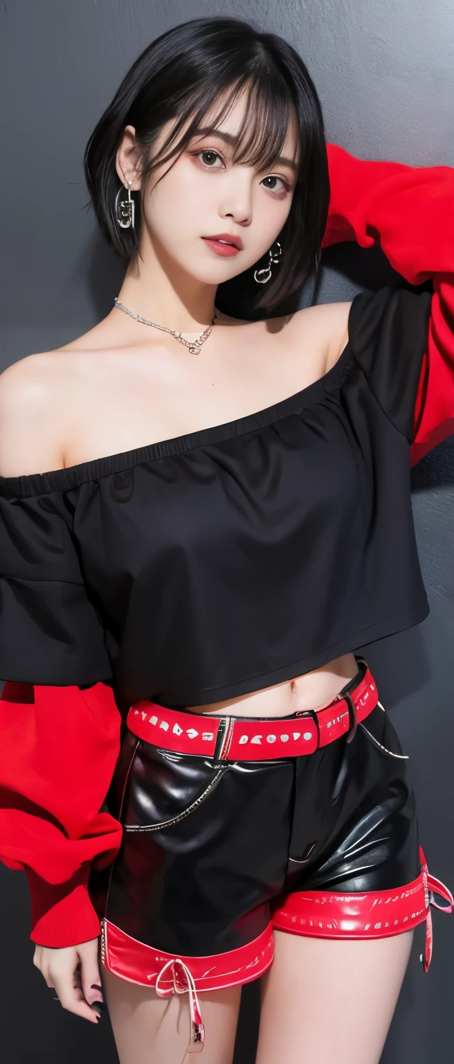 cute punk idol、whole body、good style、、、、、skull pattern red costume(off shoulder)、black leather shorts、short hair