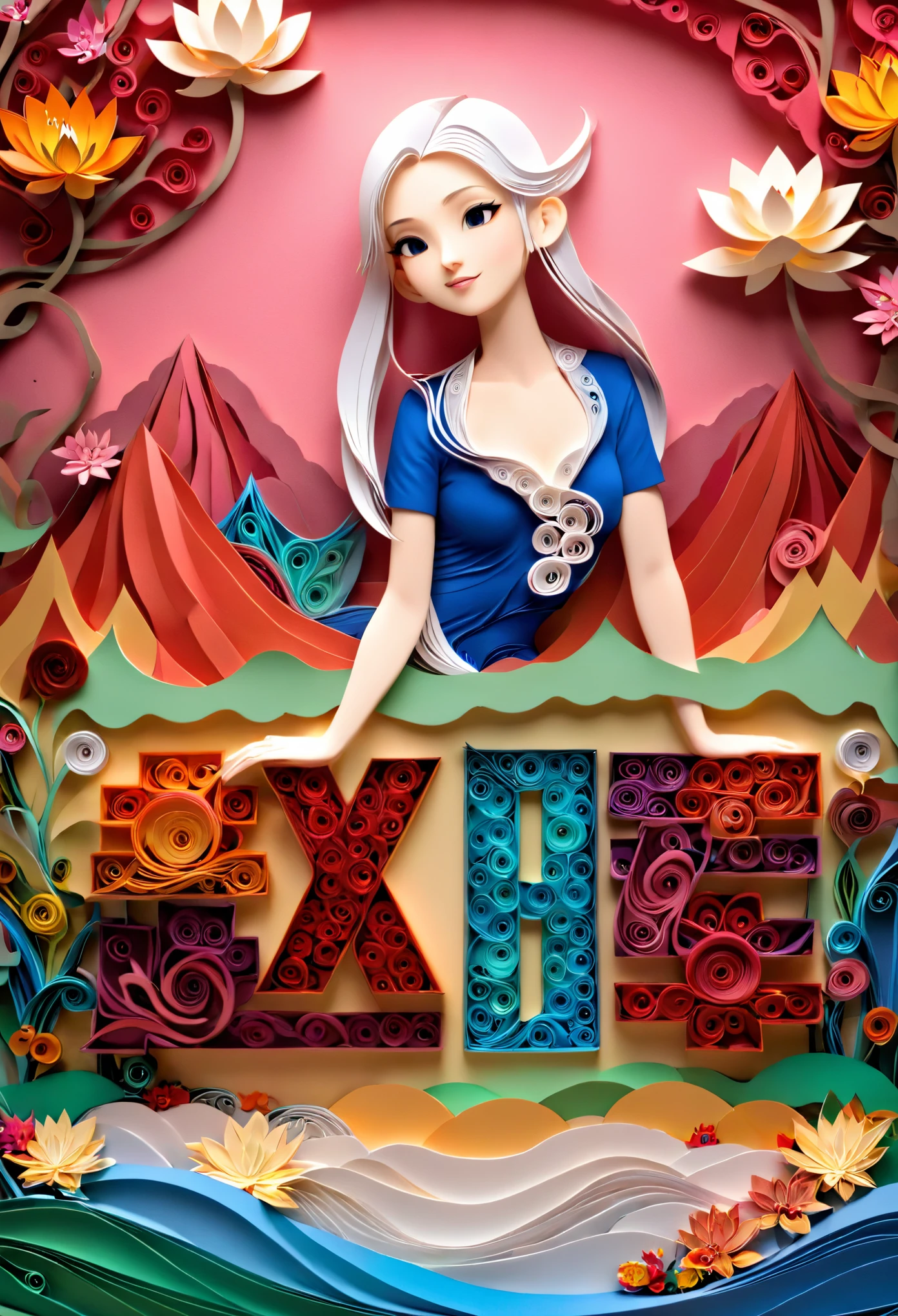 (number art, paper art,layered paper art,paper quilling,paper-cut,paper sculpture),1 girl,mountains, tree, river,flowers,lotus, (Oriental elements, Chinese color, Advanced color matching),(3D sculpture,Render by Octane,Volumetric light), (Loss of focus, Very colorful, light, chiaroscuro,Ray tracing)