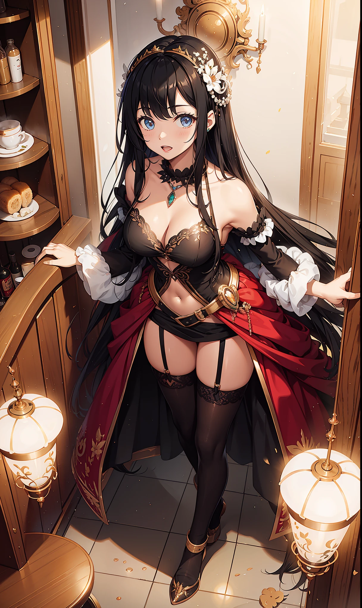masterpiece, best quality, high resolution, Sa 1, Checkered off-shoulder dress, black stockings, sparkling eyes, Fake eyelashes,ball virgin,Prom restaurant,gem,Broken bricks