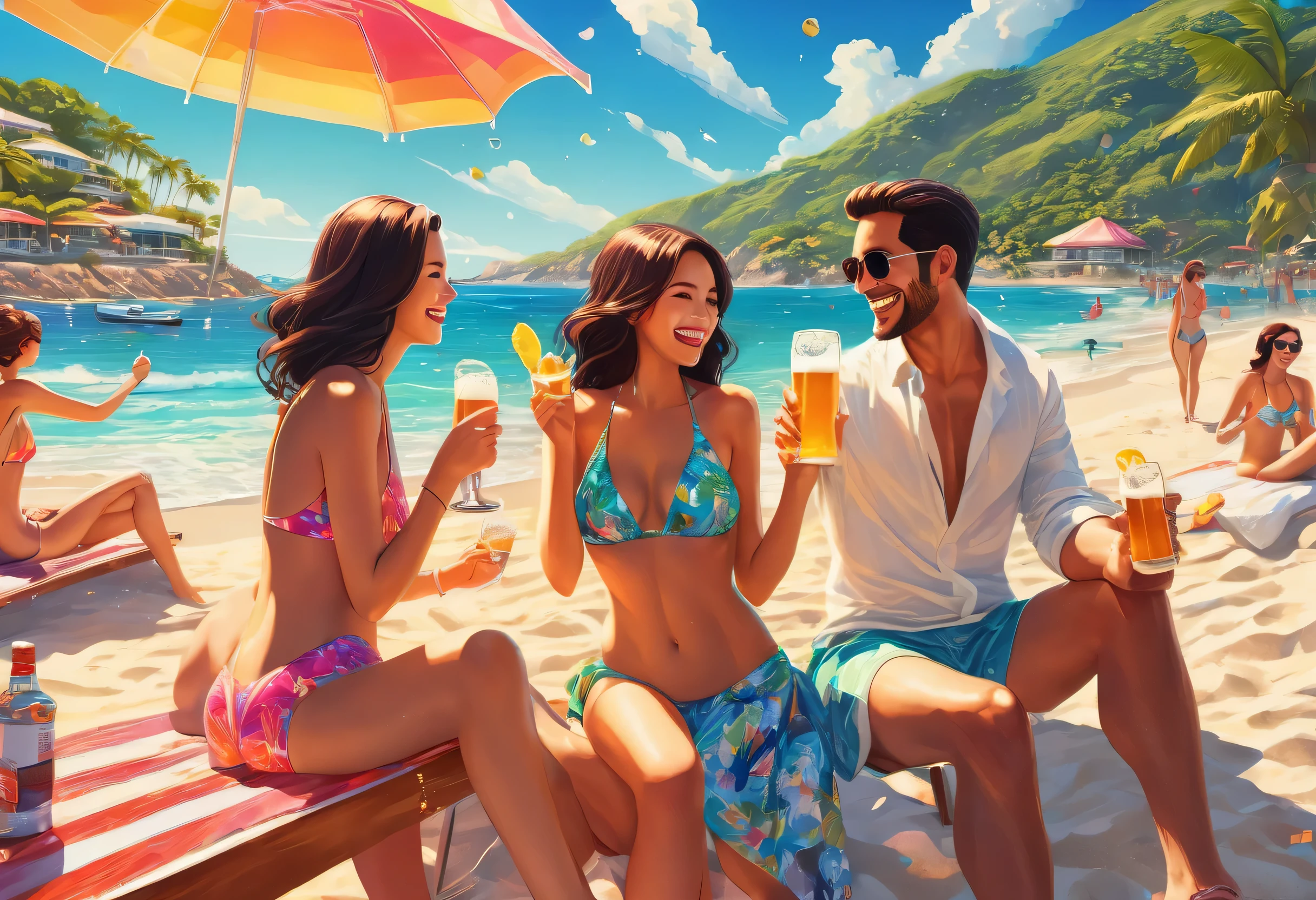 beach,100 people,Men and women in swimsuits,cheers,barbecue,drinking beer,リゾートbeachの背景,summer sunshine,masterpiece,rich colors,highest quality,official art,fantasy,colorful,Happy,smile,,I'looking forward to it,happiness,nice background,Fun time,Sparkling,beautiful light and shadow,stylish,anatomically correct,Detailed details,rendering,unreal engine,colorfulな呪文を唱える