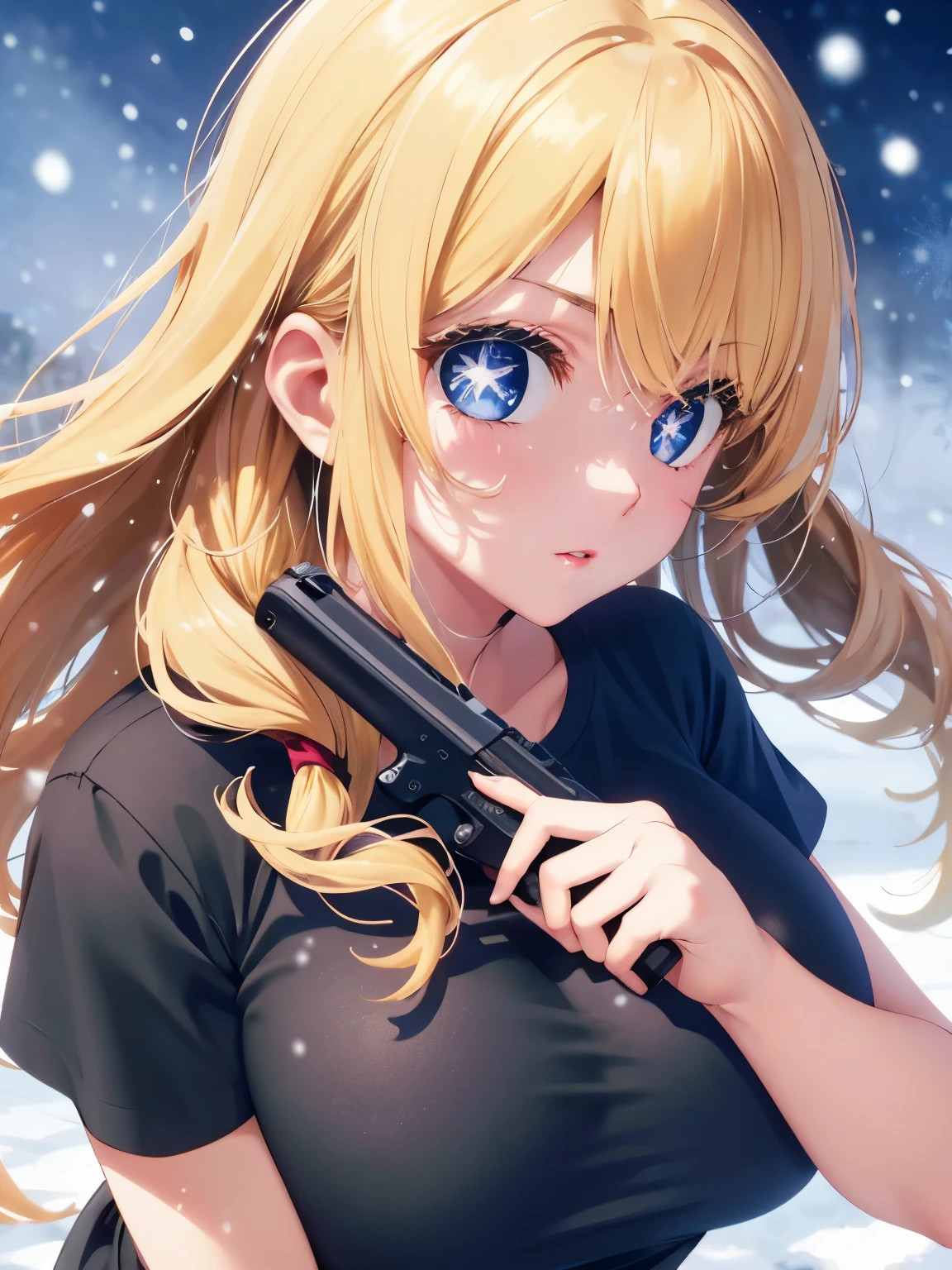 1woman,super beautiful,crawl,snowing,Holding a gun, shooting,close up photo,Focus on face,Beautiful eyes, very detailed face, HD face, perfect face,black t-shirt,black mini skirt,Very big breasts,Blonde hair,long hair,wavy hair,bangs,blue eyes,ultra detail,ultra Hd, masterpiece,4k