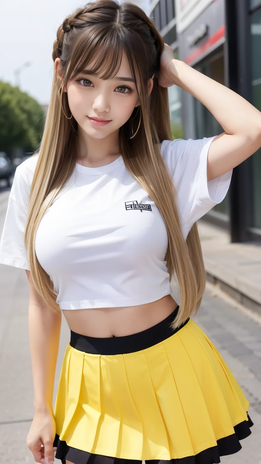 Highest quality、Precise beauty、Beautiful long hair woman、The most beautiful woman in the world、Beautiful and sharp face、21 years old、Smooth hair that looks blonde、Golden Hair、Blonde Hair、ロングヘアーVery detailed顔、Cute Smile、Big eyes、Small face、Ample breasts、T-Shirts、High resolution、8k wallpaper、The gesture of pulling up the hair、Very detailed、masterpiece、Very bright photo、One woman、Shorts、Beautiful legs