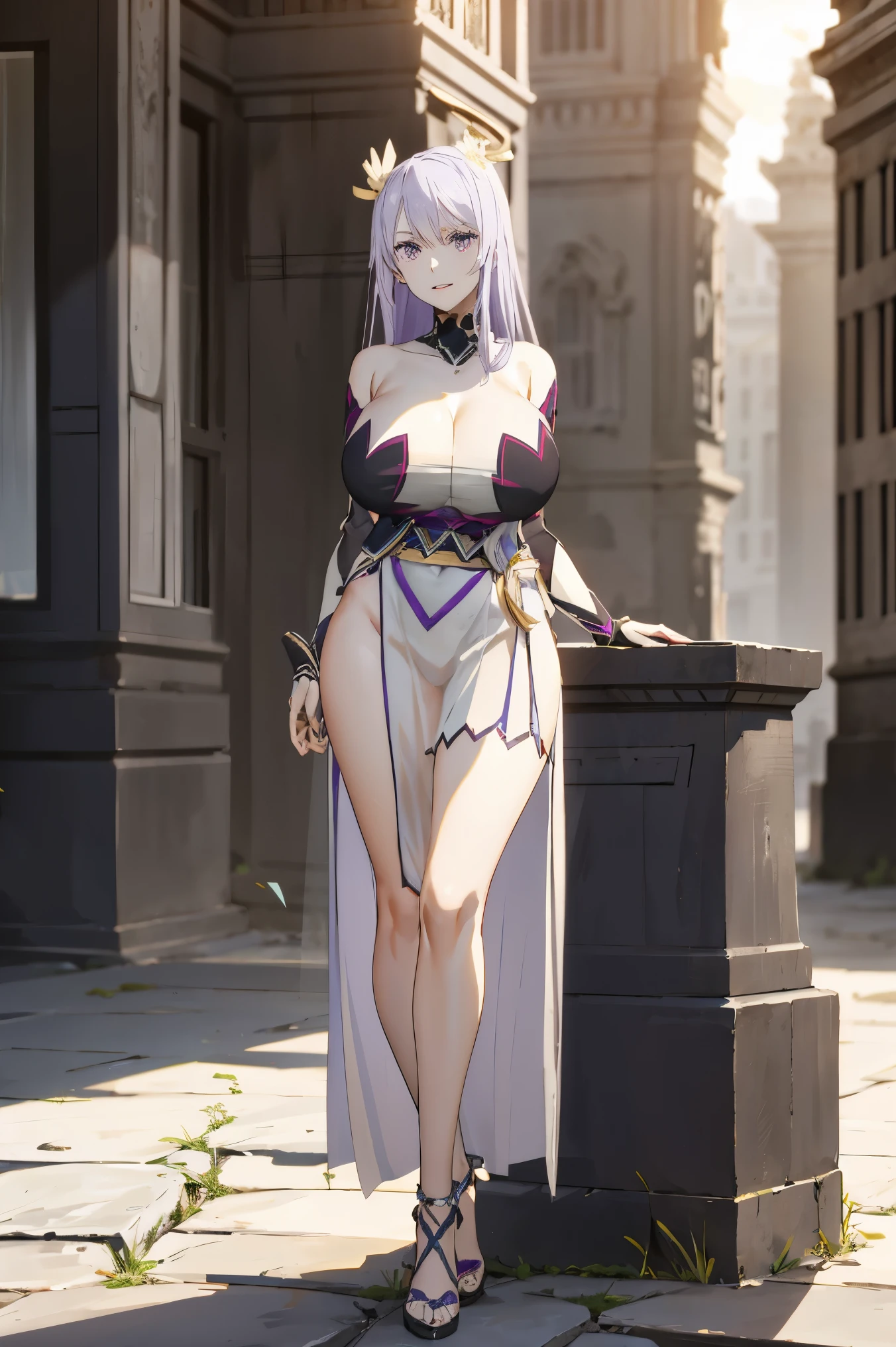 masterpiece, ((royal dressed)), ((wing)), halo, (best quality), (solo), 1girl, reona, silver hair, purple hair , (long skirt), long hair, purple eyes, sexy woman, hair between eyes, hair ornament, vibrant colors , natural lighting, RTX, (huge tits), (detailed face:1.2), (perfect eyes:1.1) ,(photorealistic:1.1), 8k uhd, looking a viewer, outdoors, simple backround, smile, (full body), standing pose, ((open legs), temple ruins, cleavage