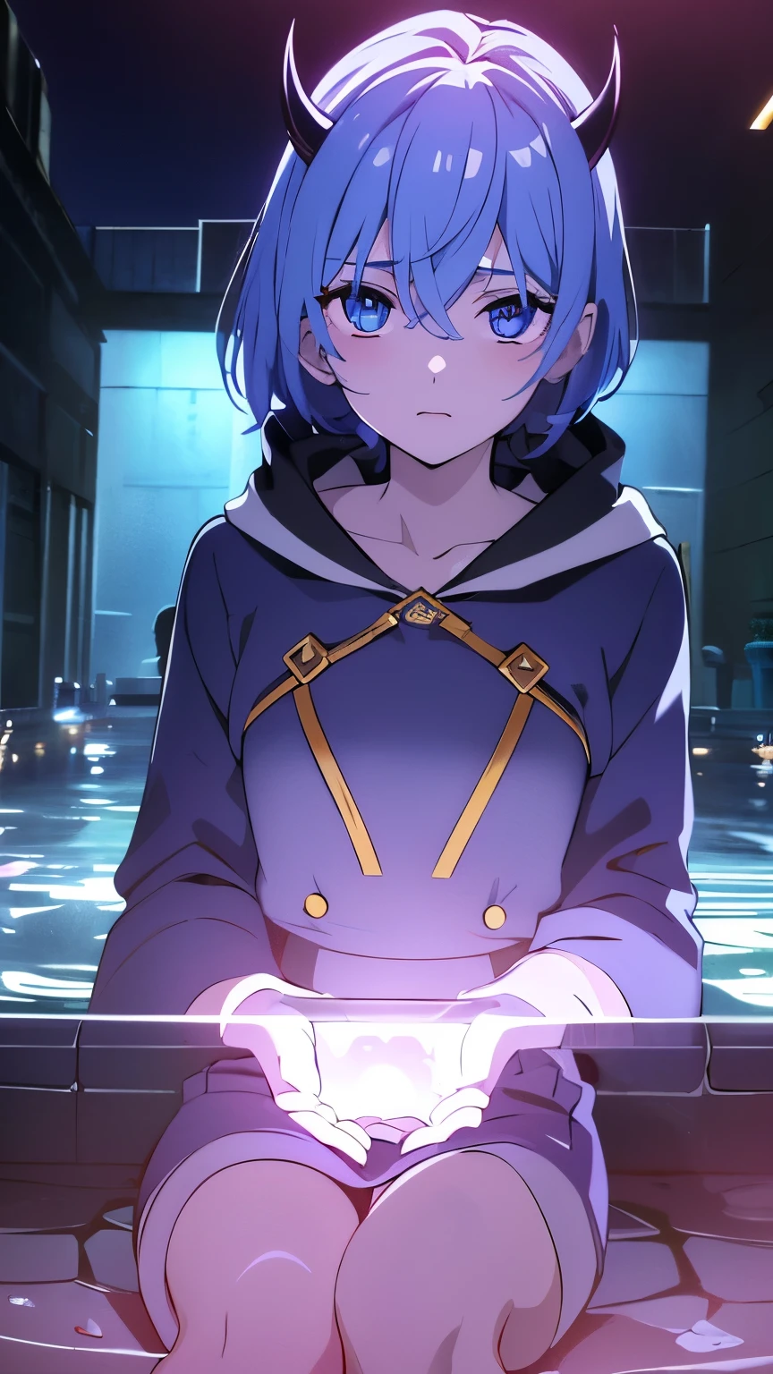 1 boy ,(big Stigmata), non binary, androgynous, School courtyard, (floating hair), ((in courtyard fountain)), character focus, short, ((black light)),((dark lighting)), cinematic lighting ,(darkness), (concept art), ((innocent face)), blue short straight hair, light blue hair color, dragonoid girl, short, short blue hairy, glowing bluish-purple horns, bluey-purple eye color, (glowing eyes), high resolution,(incredibly absurdres) ,extremely detailed CG unity 8k wallpaper, ((masterpiece)), ((top-quality)), (beautiful illustration), ((an extremely delicate and beautiful)), (masterpiece, Best quality, ultra high resolution), 1 girl, pale skin, Black Crown, purple eyes, Luminous_eyes, neon blue eyes, ultra detailed eyes, Beautiful and detailed face, detailed eyes, (Centered, torso), (wide shot:0.9), facing the viewer, Eye level, flat chested, flat chest, cup size AAA, Wearing black cargo shorts, sharp horns, blue horns on top of head,