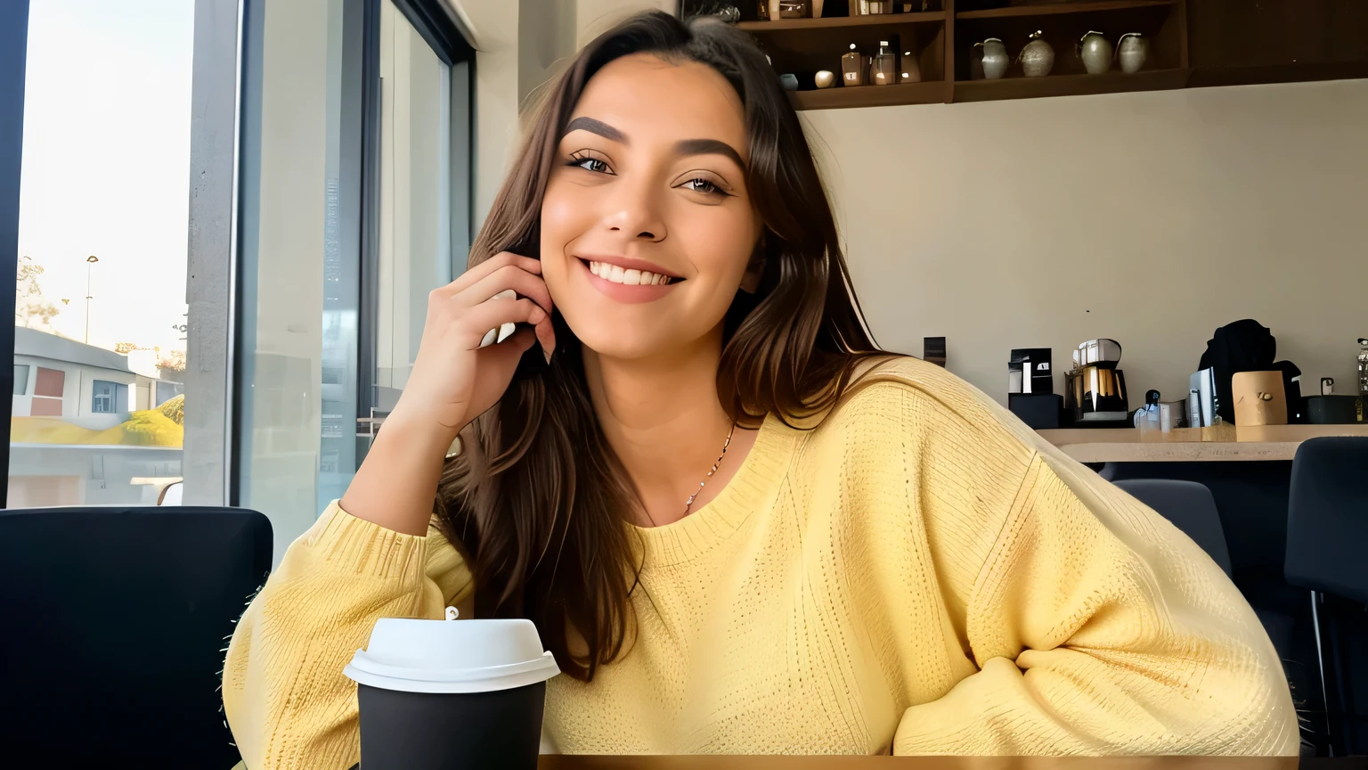 Beautiful and cute blonde in yellow sweater (Drinking coffee in a modern cafe at sunset), muito detalhado, 14 anos, Rosto inocente, cabelos naturalmente ondulados, olhos azuis, high resolution, Obra de arte, melhor qualidade, detalhes complicados, muito detalhado, sharp focus, pele detalhada, Hauttextur realista, textura, olhos detalhados, Profissional, 4k, sorriso charmoso, tirada com Canon, 85mm, profundidade de campo leve, Kodak Vision Colors, corpo perfeitamente ajustado, extremamente detalhado, Foto_\(ultra\), fotorrealista, realista, Post-processing, maximum details, rugosidade, Vida real, ultrarealista, fotorrealismo, foto, 8k HD, foto