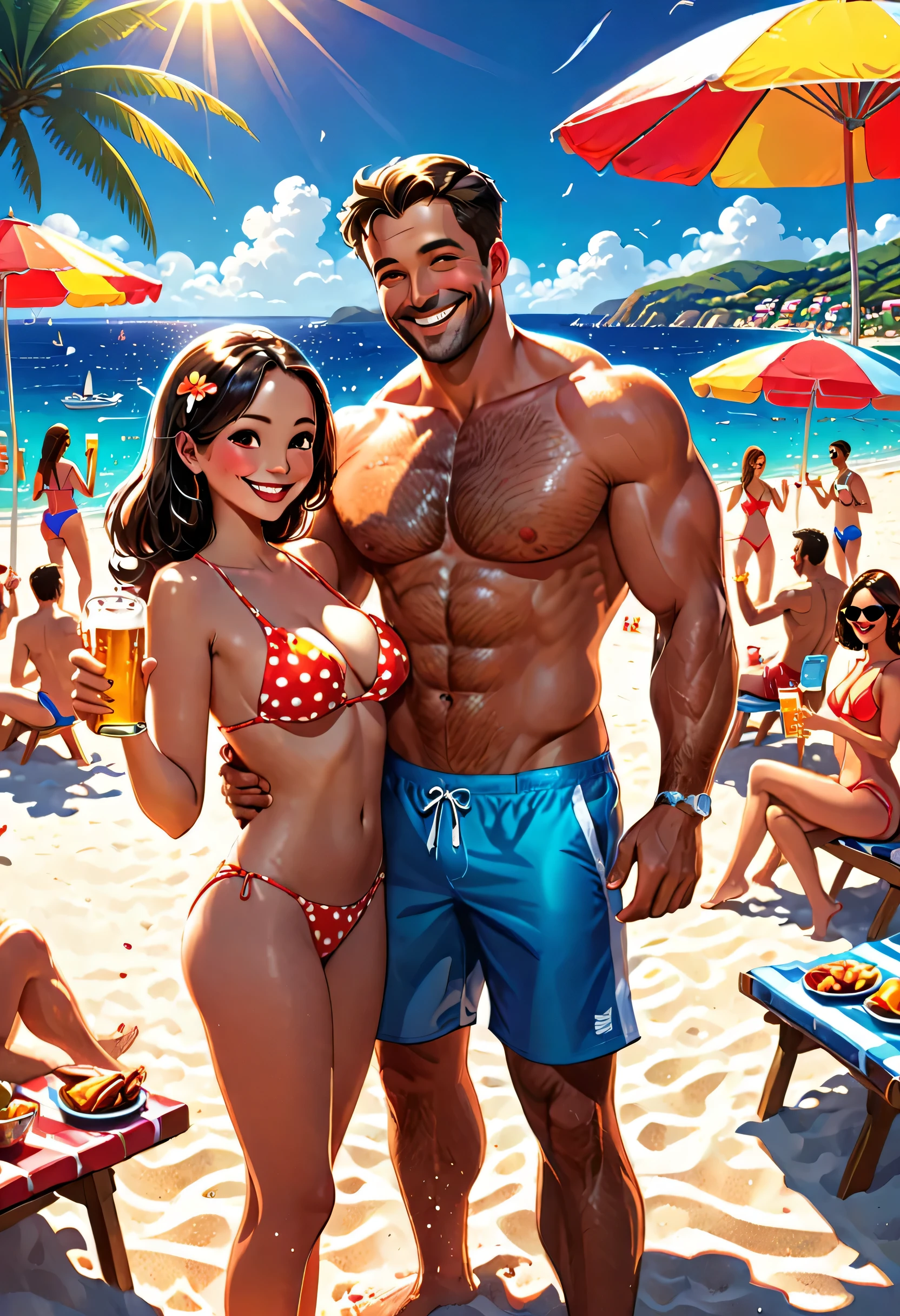 beach,100 people,Men and women in swimsuits,cheers,barbecue,drinking beer,リゾートbeachの背景,summer sunshine,masterpiece,rich colors,highest quality,official art,fantasy,colorful,Happy,smile,,I'looking forward to it,happiness,nice background,Fun time,Sparkling,beautiful light and shadow,stylish,anatomically correct,Detailed details,rendering,