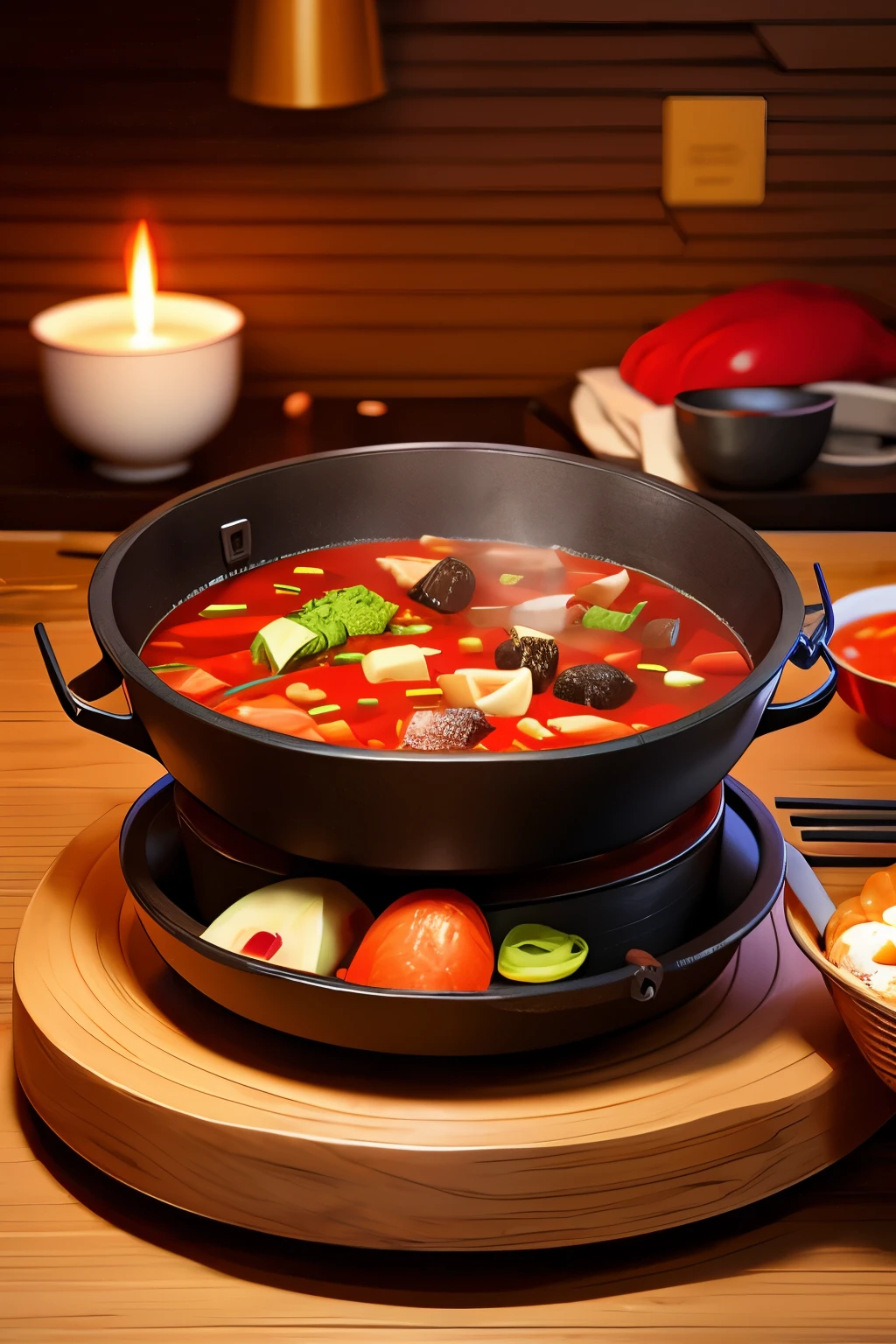 Chinese hot pot,masterpiece,best quality,Red soup hot pot