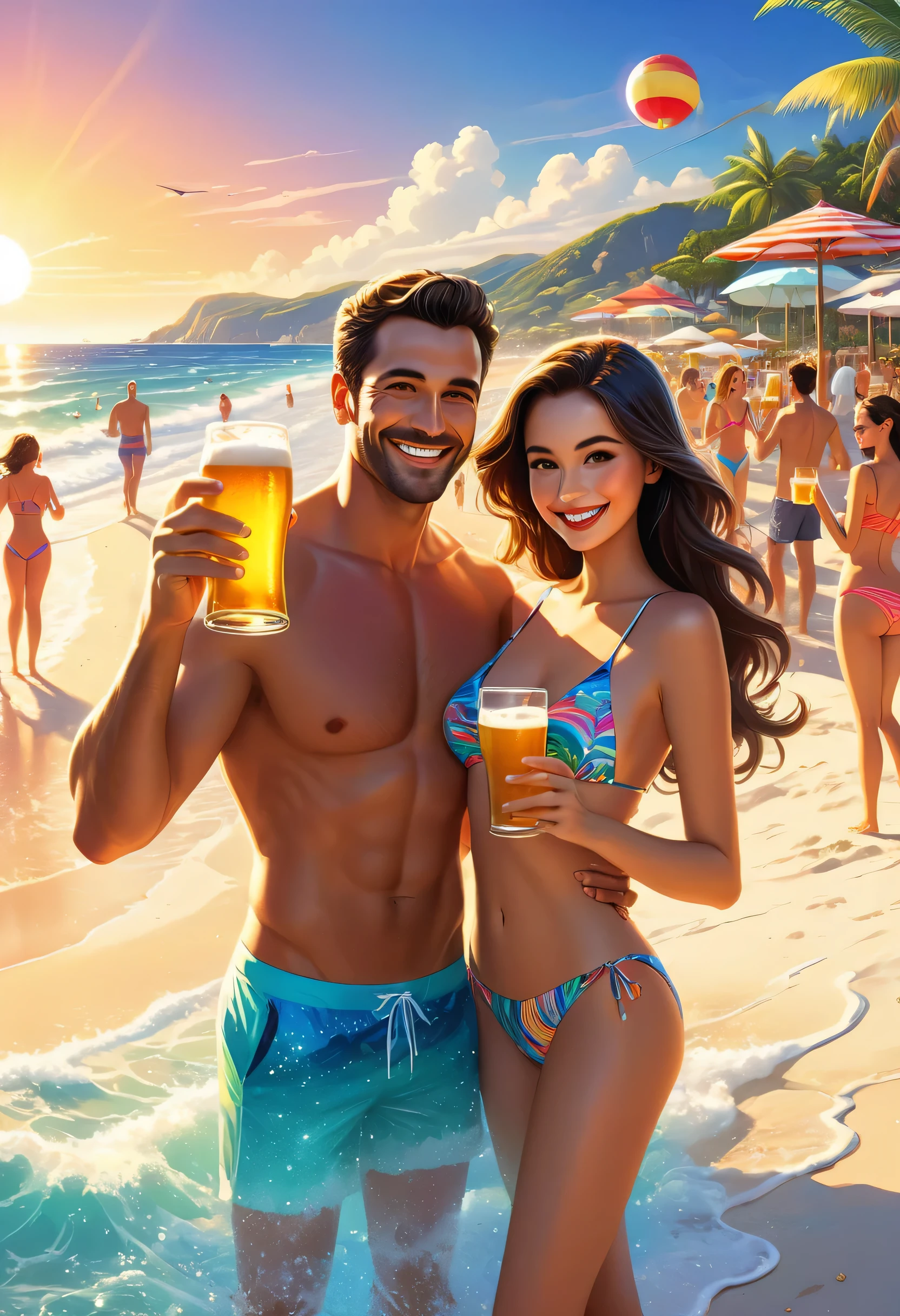beach,100 people,Men and women in swimsuits,cheers,barbecue,drinking beer,リゾートbeachの背景,summer sunshine,masterpiece,rich colors,highest quality,official art,fantasy,colorful,Happy,smile,,I'looking forward to it,happiness,nice background,Fun time,Sparkling,beautiful light and shadow,stylish,anatomically correct,Detailed details,rendering,