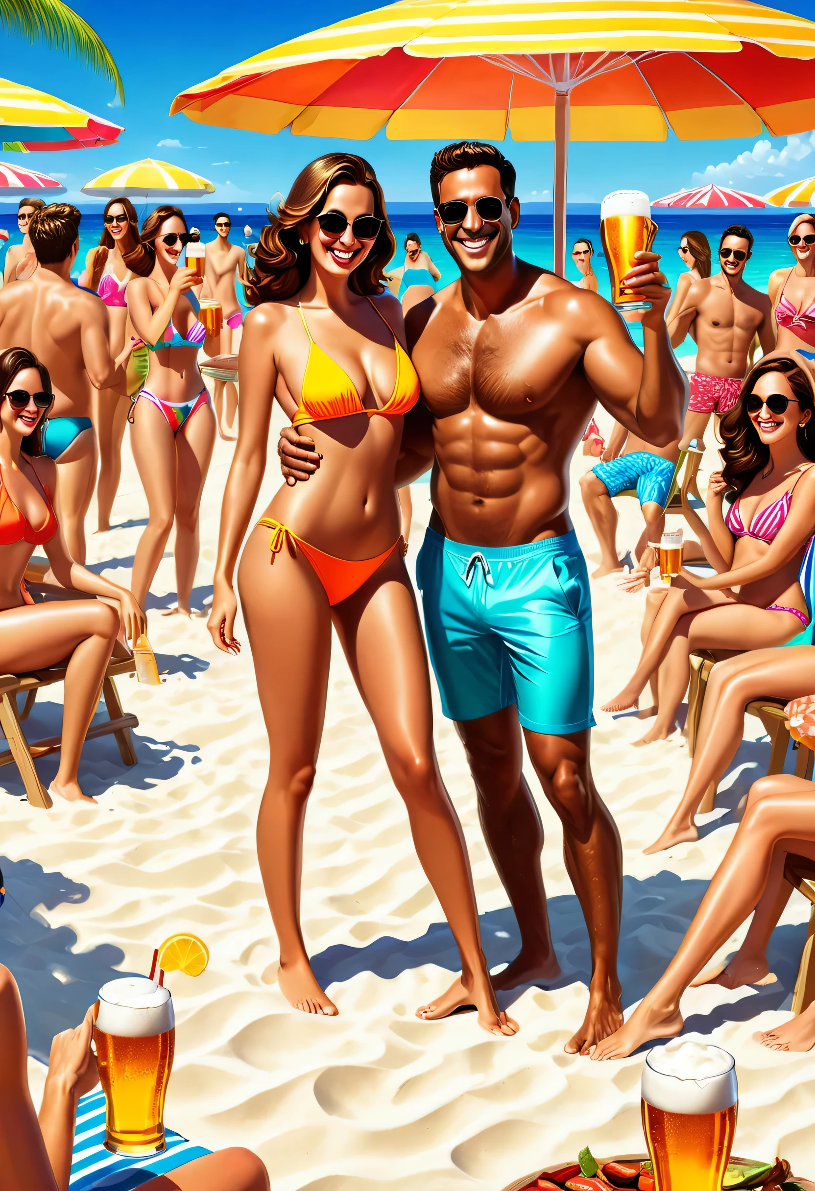 beach,100 people,Men and women in swimsuits,cheers,barbecue,drinking beer,リゾートbeachの背景,summer sunshine,masterpiece,rich colors,highest quality,official art,fantasy,colorful,Happy,smile,,I'looking forward to it,happiness,nice background,Fun time,Sparkling,beautiful light and shadow,stylish,anatomically correct,Detailed details,rendering,