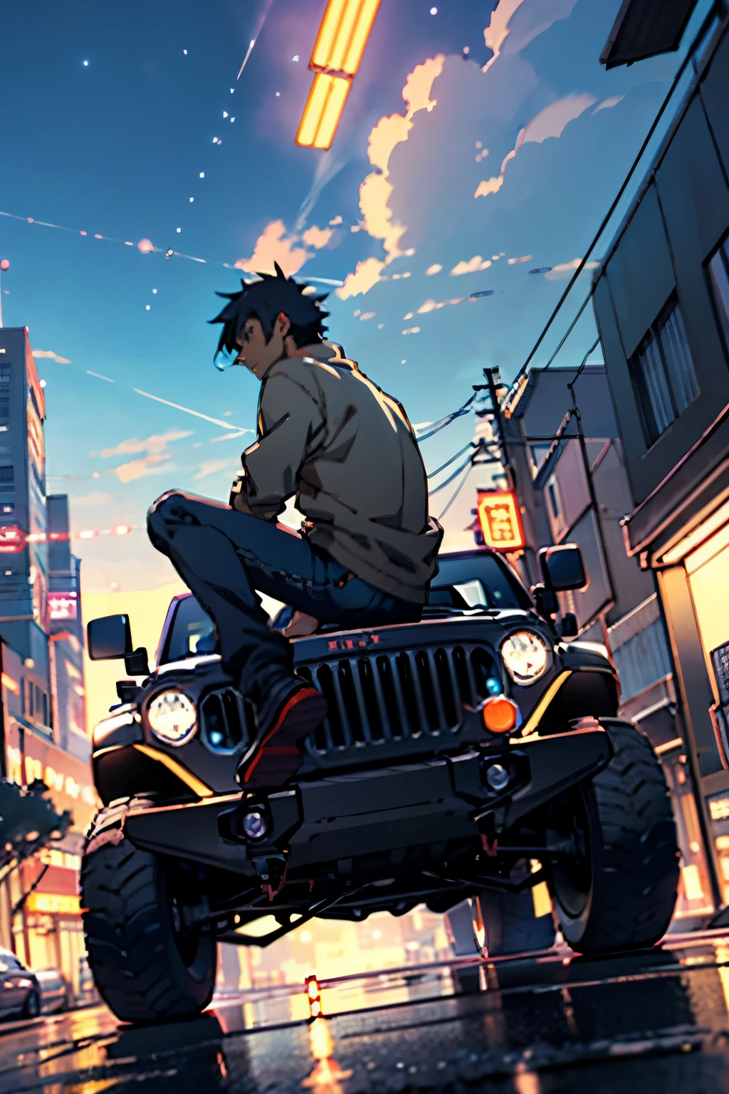 Anime - (a young man sit on the top Jeep Car) style scene of beautiful city in the midnight with a blue sky and shiny. by makoto shinkai, anime art wallpaper 4k, anime art wallpaper 4 k, anime art wallpaper 8 k, anime wallpaper 4k, anime wallpaper 4 k, 4k anime wallpaper, anime sky, amazing wallpaper, anime background, far city, far mountain