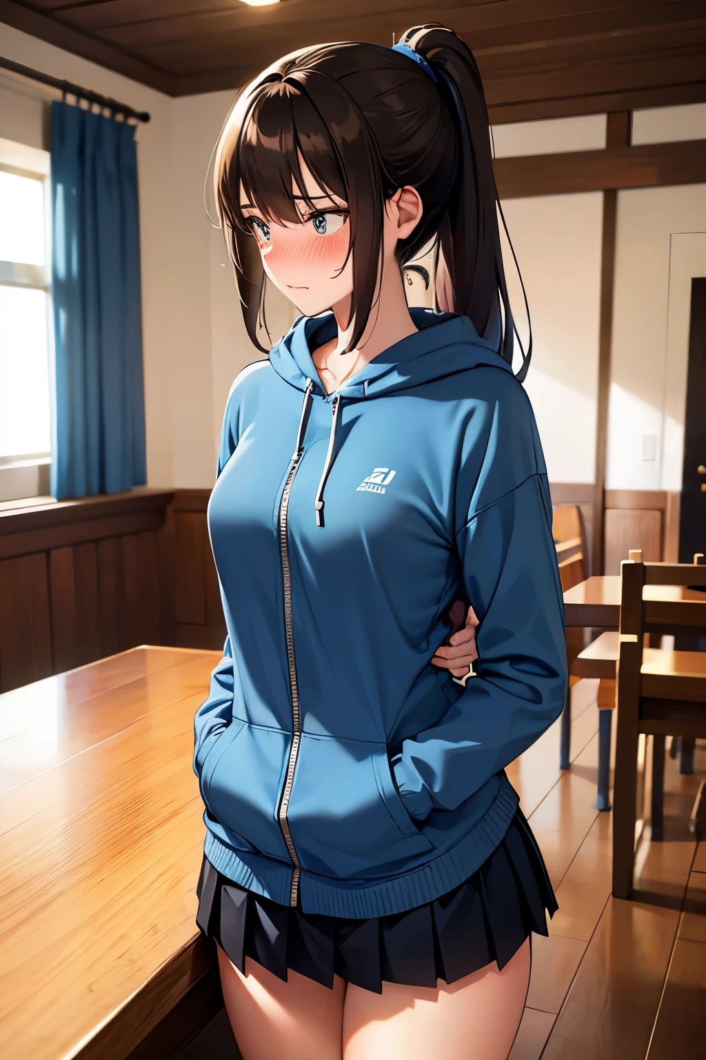 ((best quality)), ((masterpiece)), (detailed), (((perfect face))), ((slender 16yo teenage girl removing light blue zip hoodie)), (((wearing dark blue pleated skirt))), ((small medium breasts)), (((undressing))), ((brunette)), ((ponytail)), ((topless)), ((shock:1.3)), ((blushing:1.5)), ((skinny thighs)), ((skinny hips)), ((standing in suburban dining room)), ((wooden floor)), (((girl looking away)))