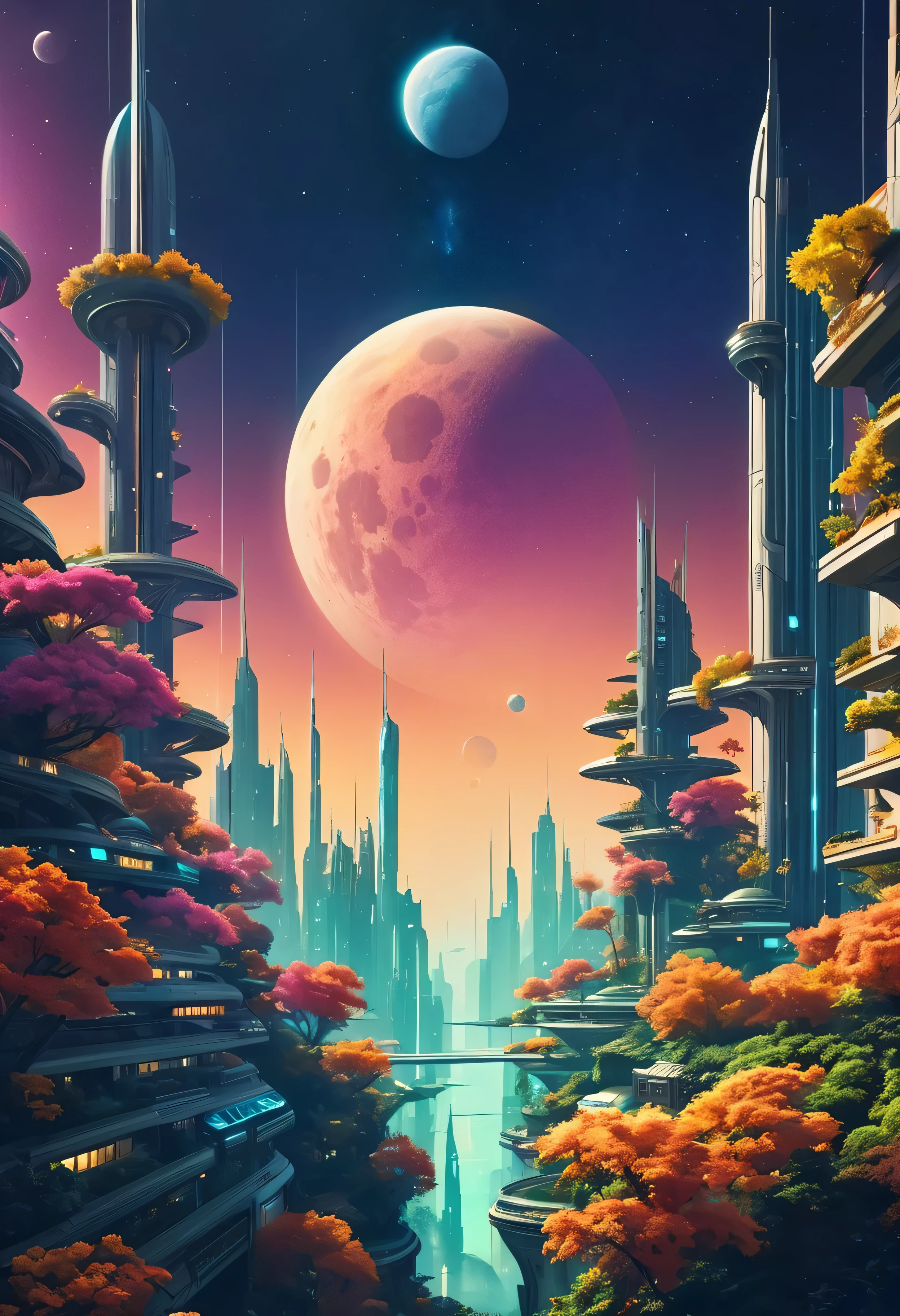 universe,Science fiction,futuristic city,retro,plant,fall,levitation,planet,moon,Heaven,flat,spaceship,night