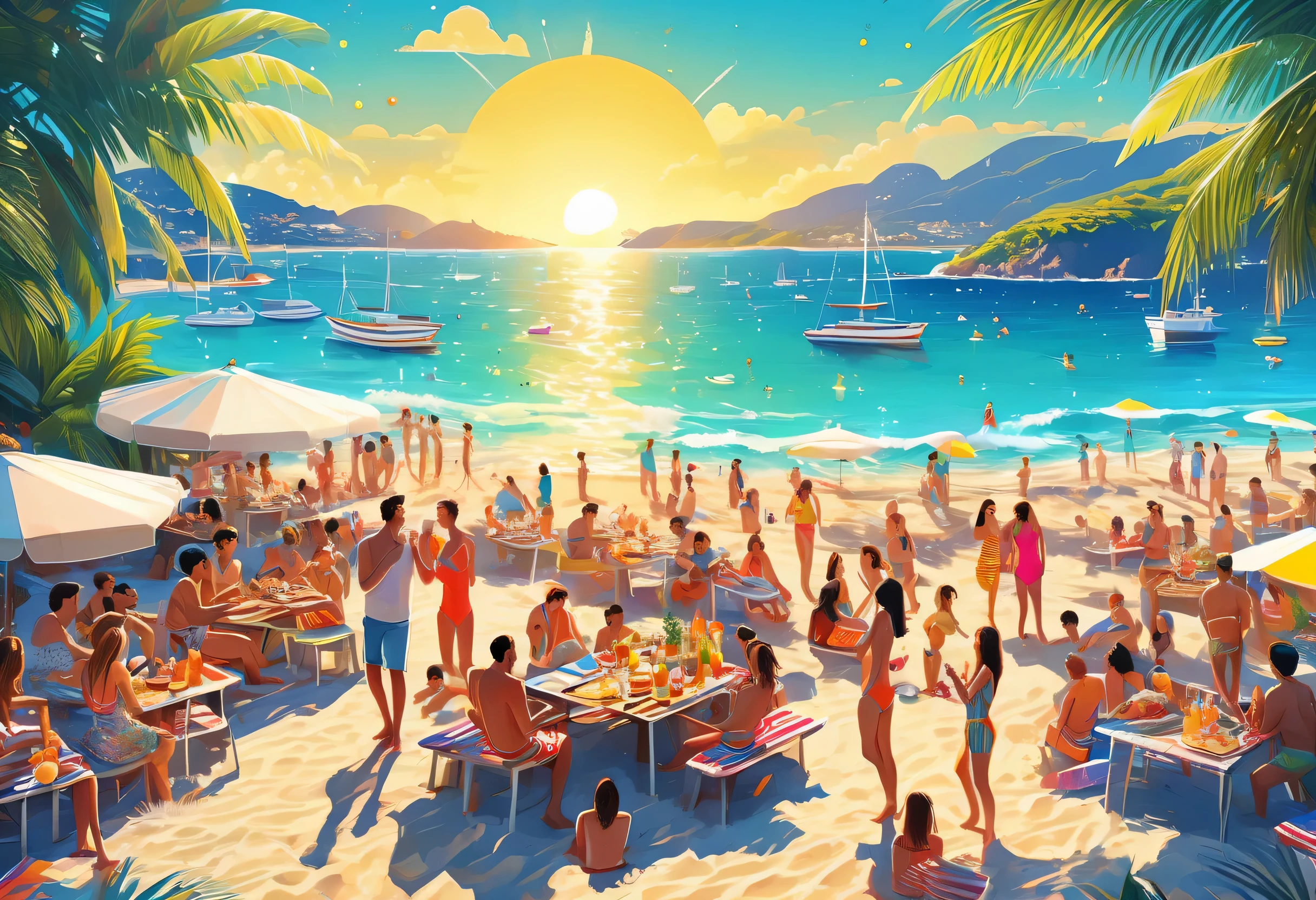 beach,100 people,Men and women in swimsuits,cheers,barbecue,drinking beer,リゾートbeachの背景,summer sunshine,masterpiece,rich colors,highest quality,official art,fantasy,colorful,Happy,smile,,I&#39;looking forward to it,happiness,nice background,Fun time,Sparkling,beautiful light and shadow,stylish,anatomically correct,Detailed details,rendering,unreal engine,colorfulな呪文を唱える