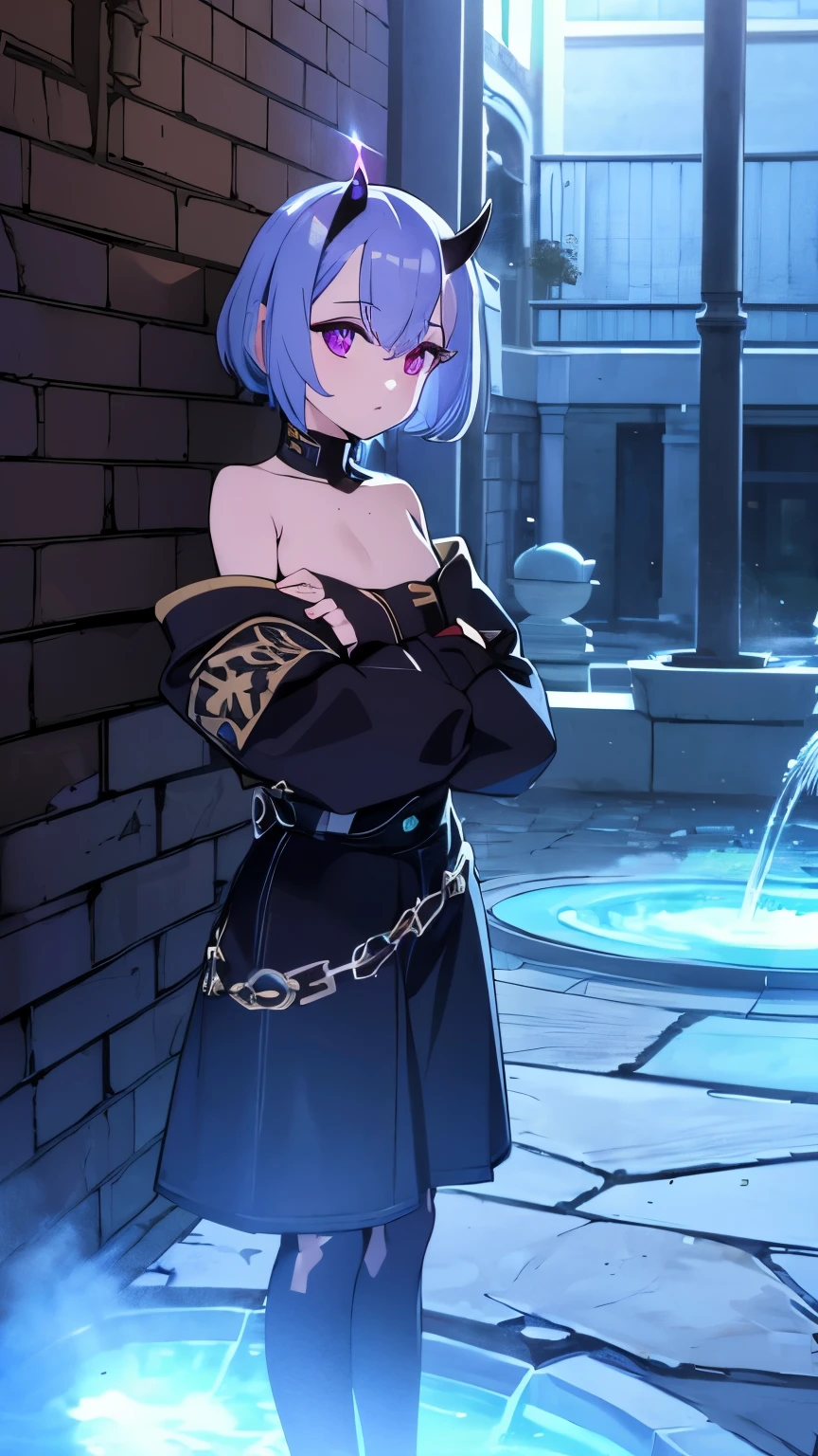 1 boy ,(big Stigmata), non binary, androgynous, School courtyard, (floating hair), ((in courtyard fountain)), character focus, ((black light)),((dark lighting)), cinematic lighting ,(darkness), (concept art), ((innocent face)), blue short straight hair, light blue hair color, dragonoid girl, short, short blue hairy, glowing bluish-purple horns, bluey-purple eye color, (glowing eyes), high resolution,(incredibly absurdres) ,extremely detailed CG unity 8k wallpaper, ((masterpiece)), ((top-quality)), (beautiful illustration), ((an extremely delicate and beautiful)), (masterpiece, Best quality, ultra high resolution), 1 girl, pale skin, Black Crown, purple eyes, Luminous_eyes, neon blue eyes, ultra detailed eyes, Beautiful and detailed face, detailed eyes, (Centered, torso), (wide shot:0.9), facing the viewer, Eye level, flat chested, flat chest, cup size AAA, Wearing black cargo shorts, sharp horns, blue horns on top of head,