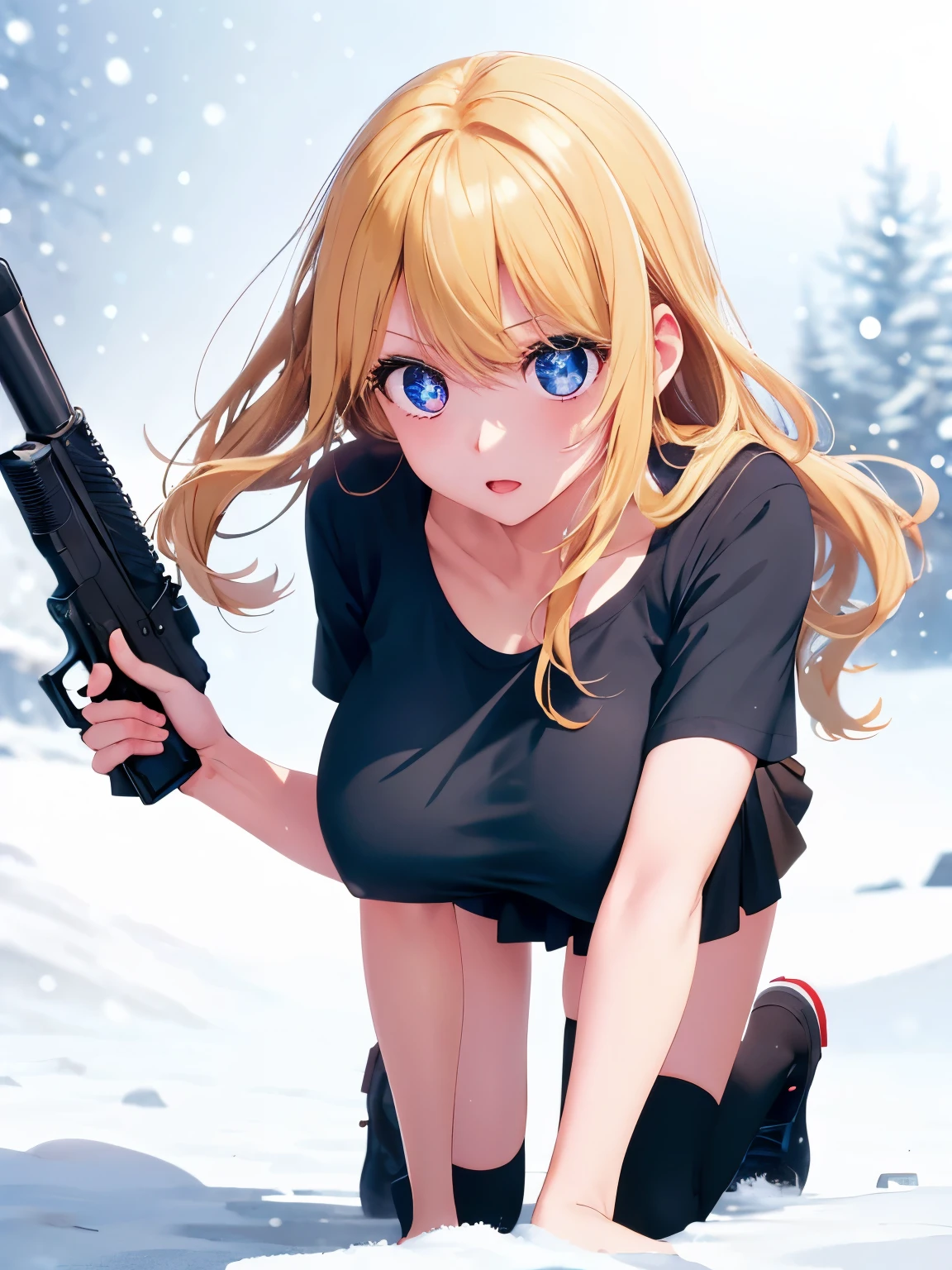 1woman,super beautiful,crawl,snowing,Holding a gun, shooting,Focus on face,Beautiful eyes, very detailed face, HD face, perfect face,black t-shirt,black mini skirt,Very big breasts,Blonde hair,long hair,wavy hair,bangs,blue eyes,ultra detail,ultra Hd, masterpiece,4k