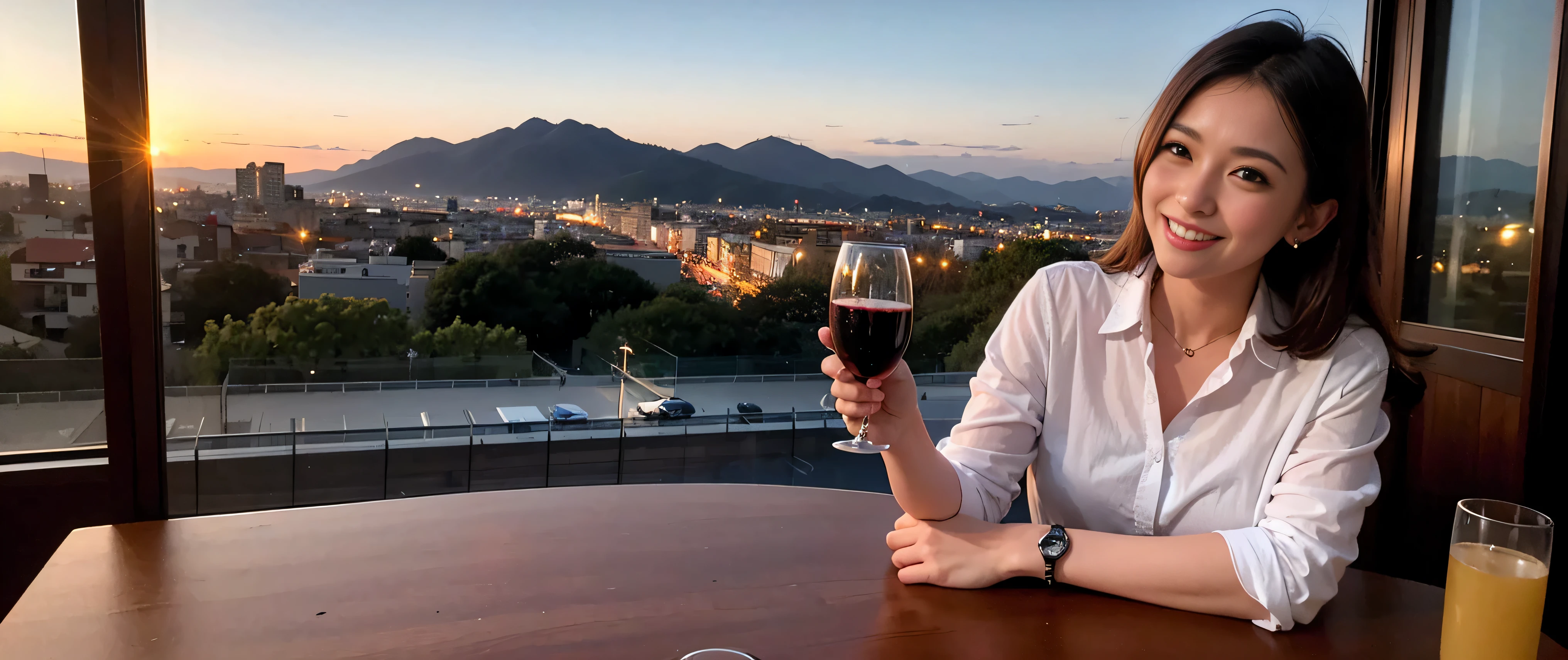 64k, Hmm, highest quality, masterpiece: 1.2), (realistic, photorealistic: 1.37), Spectacular view of the sunset sky and clouds、Amazing mountain views、slimな美女3名, (slimフェイス),Happy、 最高なsmile、Fox face、Berry Short、(because I'thin), (brown hair), (shortcut), long sleeve shirt、winter fashion、Colombian、Brazilian、Japanese、Dutch、German、Portuguese、Belgian、Italian、French,Champagne、sparkling wine、 (Squirting), (slimボティ), (brown hair), (shortcut), neat beauty、cheeks turn a little red, (35 years old), 38 years old, alone, A beautiful and detailed night view spreads out outside the window......, restaurant, wine glassが座っている, At night, in a prominent place (from the Upper body) nova frog style, actress, model, Upper body, White wine, slim, wine glass, Very beautiful night view, wine glass Put in the Middle, Happy smile, (smile: 1.15),