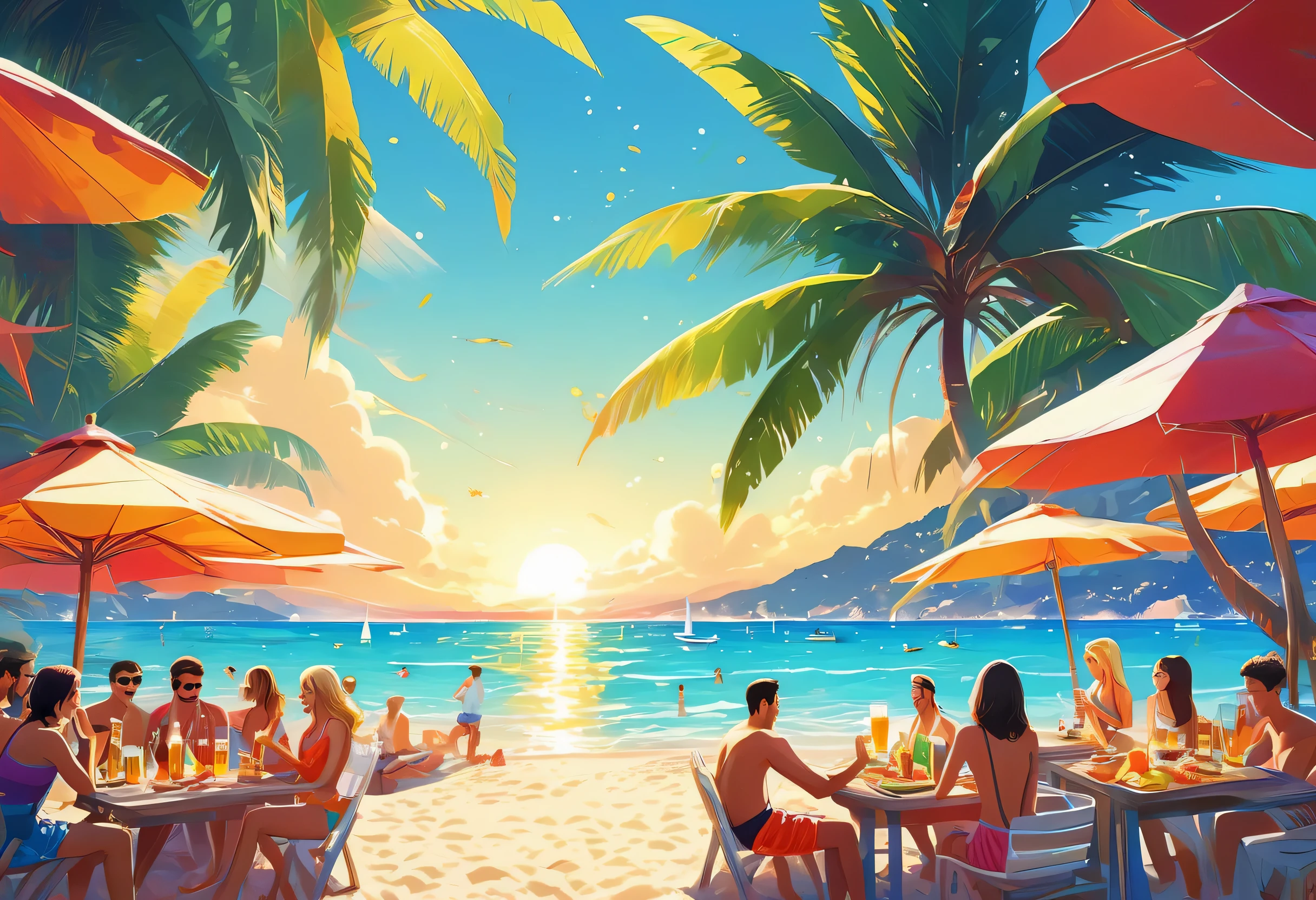 beach,100 people,Men and women in swimsuits,cheers,barbecue,drinking beer,リゾートbeachの背景,summer sunshine,masterpiece,rich colors,highest quality,official art,fantasy,colorful,Happy,smile,,I'looking forward to it,happiness,nice background,Fun time,Sparkling,beautiful light and shadow,stylish,anatomically correct,Detailed details,rendering,unreal engine,colorfulな呪文を唱える