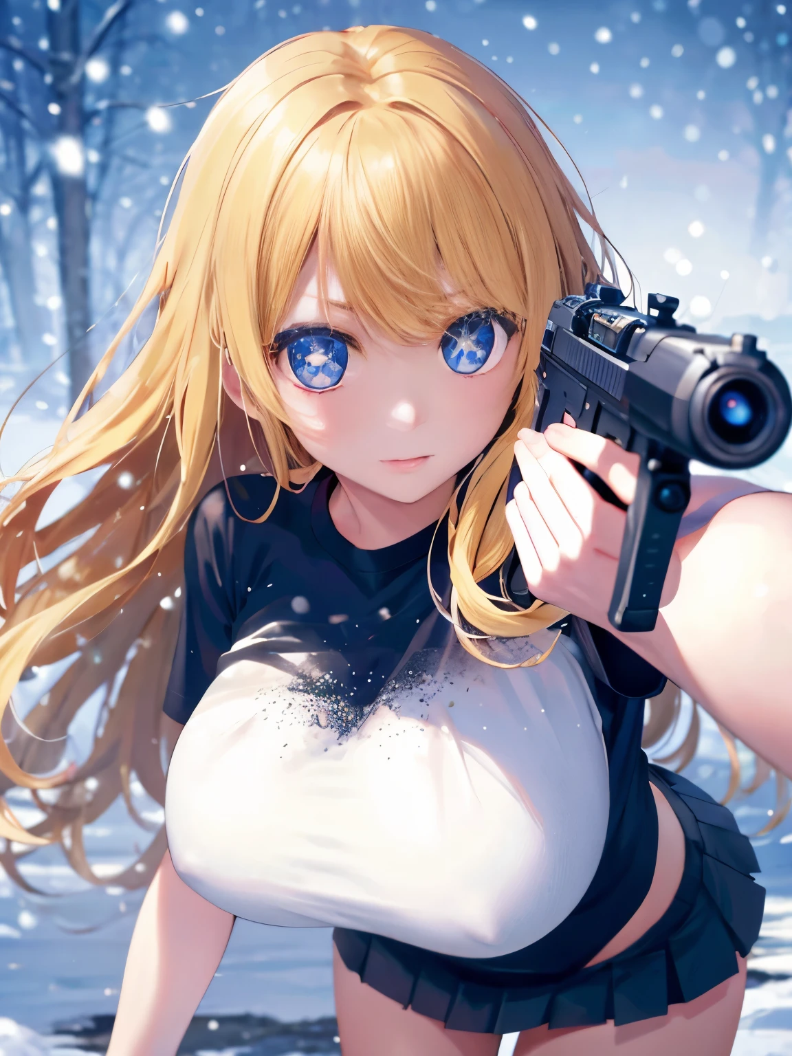 1woman,super beautiful,crawl,snowing,Holding a gun, shooting,Aiming at the viewer,Focus on face,Beautiful eyes, very detailed face, HD face, perfect face,black t-shirt,black mini skirt,Very big breasts,Blonde hair,long hair,wavy hair,bangs,blue eyes,ultra detail,ultra Hd, masterpiece,4k