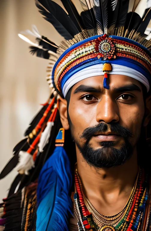 Portrait of a handsome strong Indian man. Feathers on the headdress, traces of paint on the face, Ethnic accessories. geometric patterns, complex knots, medieval, High detail