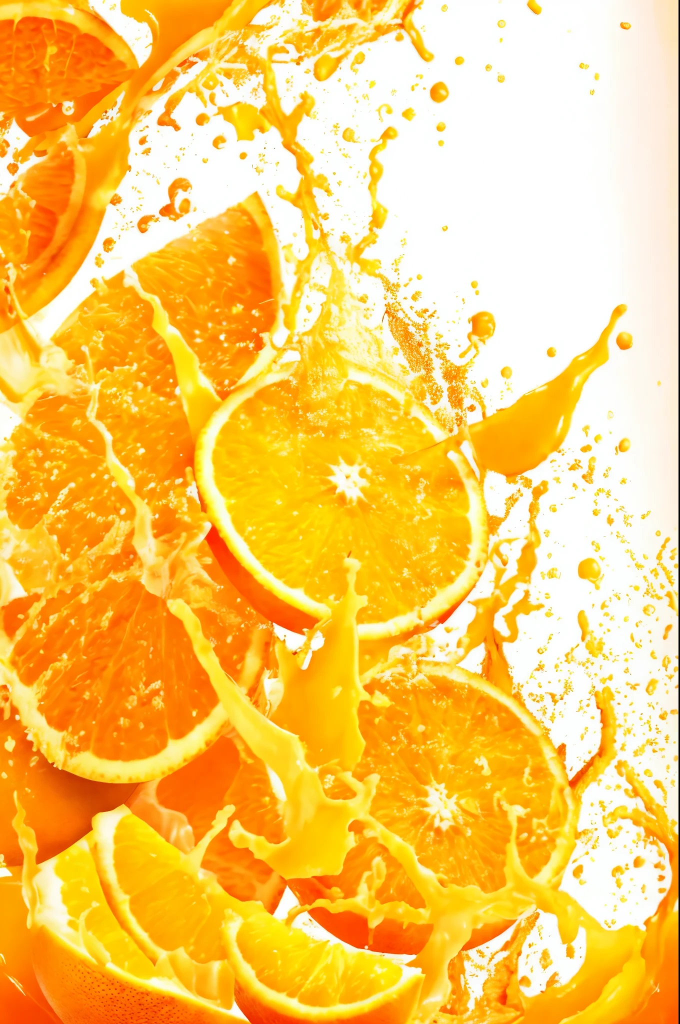 An orange is cut and juice splashes out，Juice surrounds the orange，C4DFruit poster，warm color，Horizontal image，fine details，There is a hierarchical background，Fruit poster，freshness，No characters required，