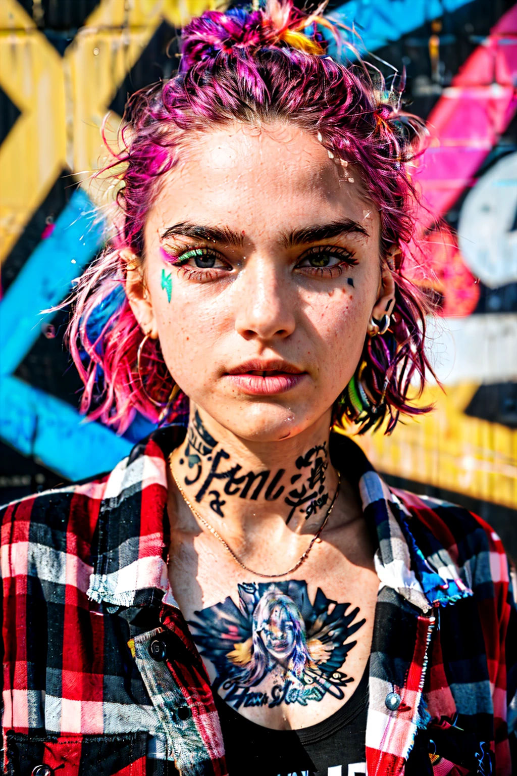 upper body portrait, raw essence of a tattoed street style icon, drenched in rebellious energy, wearing oversized flannel shirt, vibrant graffiti as backdrop, edgy fashion, sense, confident gaze, colorful hair, light beams streaming through haze