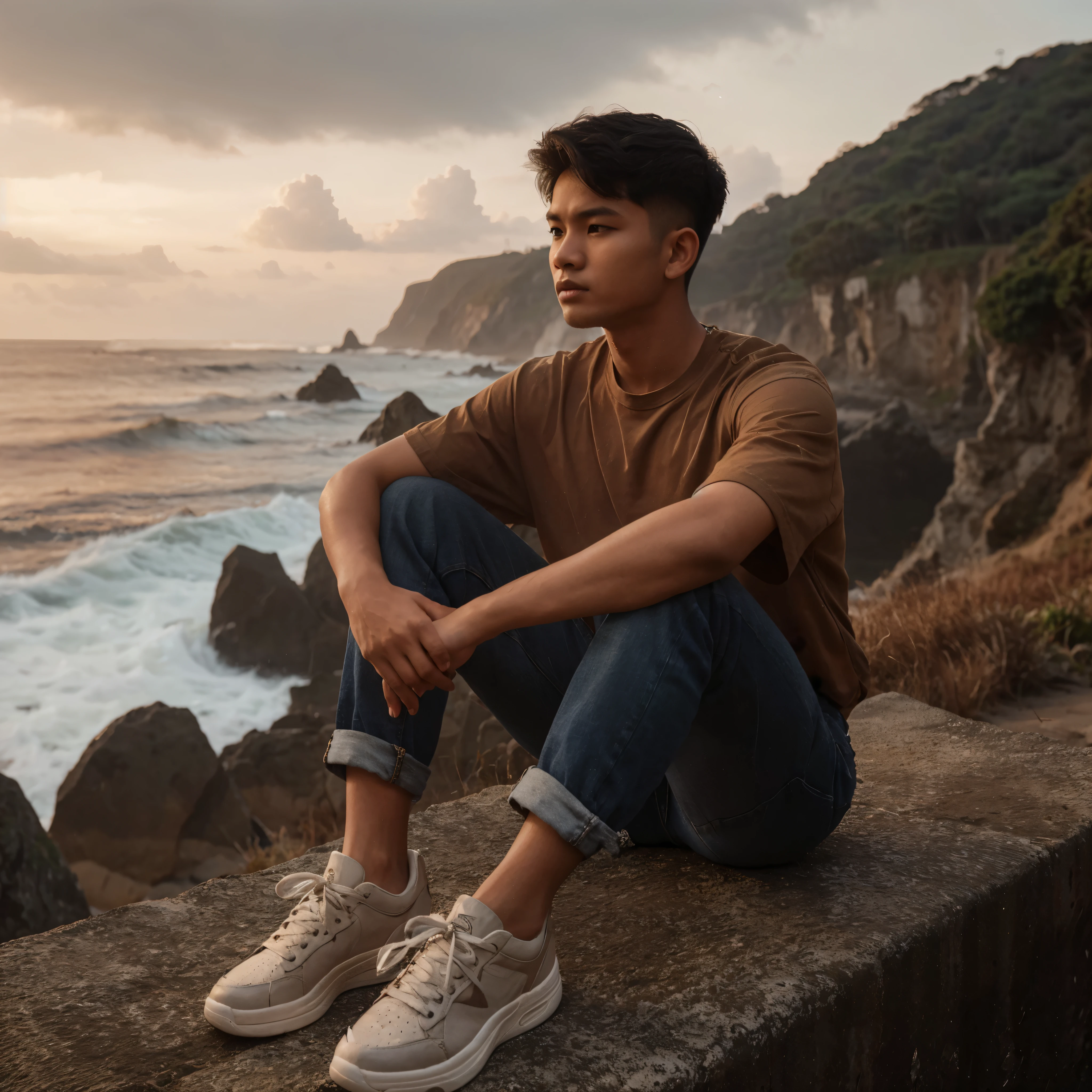 [photorealistic][masterpiece] a young indonesiann boy 30 years old ,round face with height 160cm and weight 68kg, hair style short undercut, wear beigde shirt and dark blue jeans with black white sneakers, sitting in a long stone edge of a coast in the evening. he is looking at the coast. hyper detailed, uhd 128k, photography, upscale