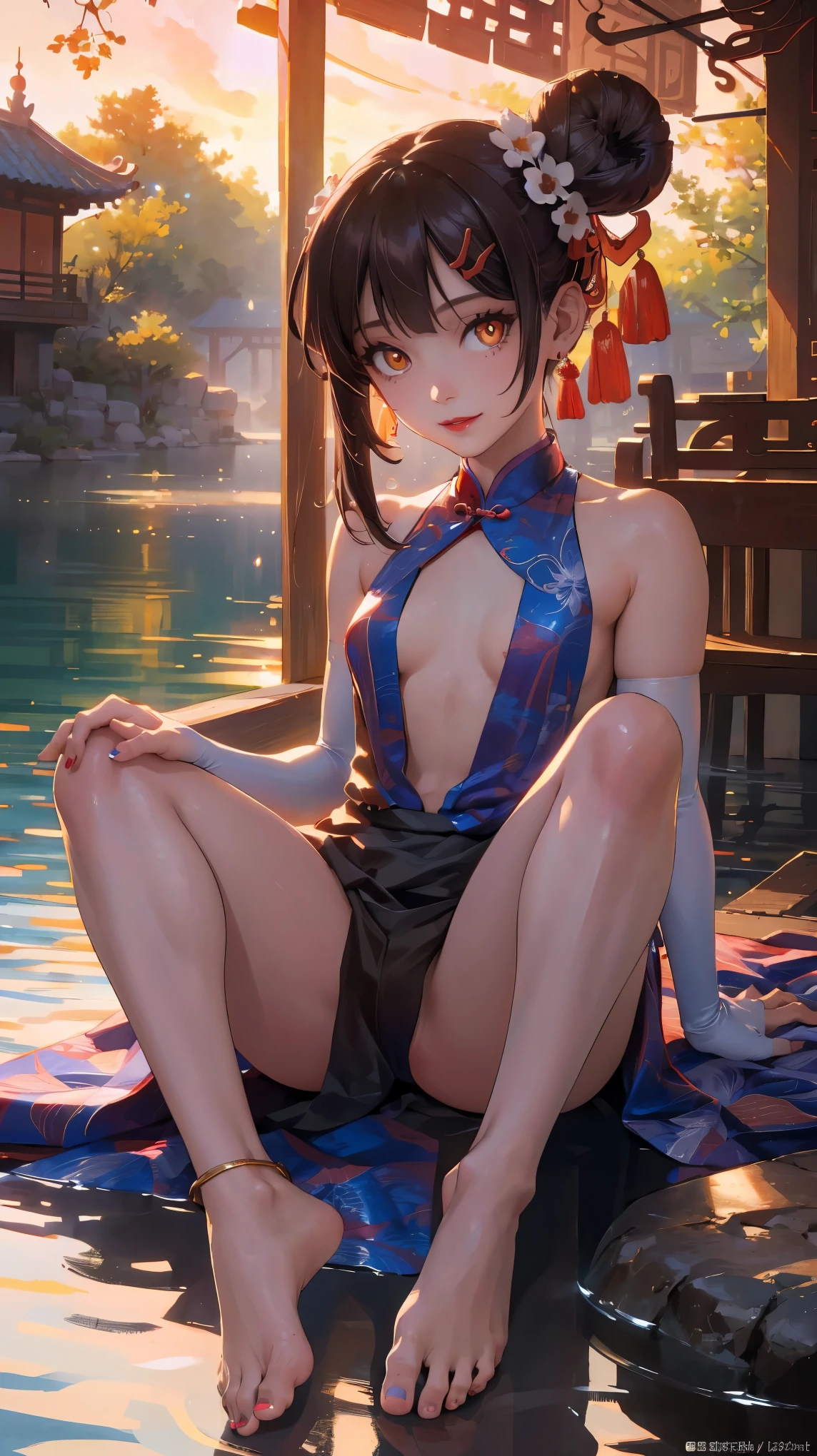 Best Quality, Very Detailed, (Realistic), Masterpiece, Photorealistic, Realistic Human Proportions, Fantastic Realism, Perfect Lighting, Soft Light, Natural Light, Physically Based Rendering, Auto White Balance, 4K,Solo,Nsfw,1girl, (Miyu Edelfelt),loli,black hair,brown eyes,seductive smile,nsfw, barefoot, see-through dress, butterfly, butterfly hair ornament, backless dress, chinese clothes,sleeveless, double bun,golden dragon print,bare foot,soles,elbow gloves,hair bun, hair ornament,jewelry,earrings,anklet,slim legs,nail polish, small breasts, solo,foot focus, leg up,toenail polish, toenails, 5toes, twintails,outdoor,Chinese style architecture, Chinese style, lake, ancient town, beautiful and meticulous water,the red lantern,fireworks,masterpiece, best quality,Super detailed, exquisite face shape, nose, red lips, detailed eyes, (iris and pupils are round, pupils reflect the environment, eyes vary in size) eyeliner, eyelashes, smooth hair, smooth skin, posing for a photo