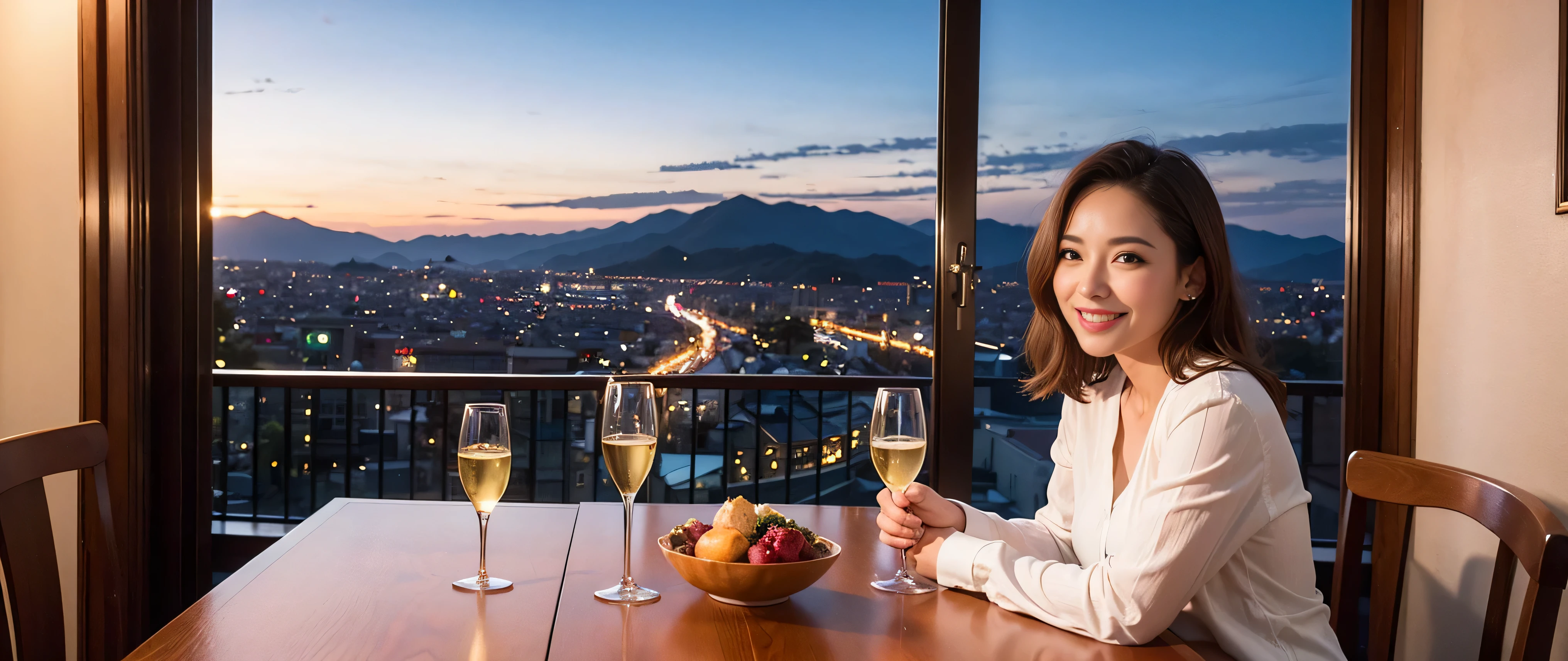 (including 64k, nffsw, highest quality, table top: 1.2), (realistic, photorealistic: 1.37), Spectacular view of the sunset sky and clouds、Amazing mountain views、long sleeve shirt、winter fashion、Columbia、Brazilian、Japanese、Dutch、German、Portuguese、Belgian、Italian、French,Champagne、sparkling wine、 (slimフェイス), (slimボティ), (brown hair), (shortcut), neat beauty、cheeks turn a little red, (35 years old), 38 years old, alone, 窓の外には美しく緻密なnight景が広がります., restaurant, wine glassが座っている, nightに, in a prominent place (from the Upper body) nova frog style, actress, model, Upper body, White wine, slim, wine glass, Super Clean night View, wine glass Put in the Middle, Happy smile, (smile: 1.15), beautiful and detailed eyes, Upper body, bust japan up, night, short, short, actress, model, Upper body, White wine, slim, wine glass, Super Clean night View, wine glass Put in the Middle, Happy smile,